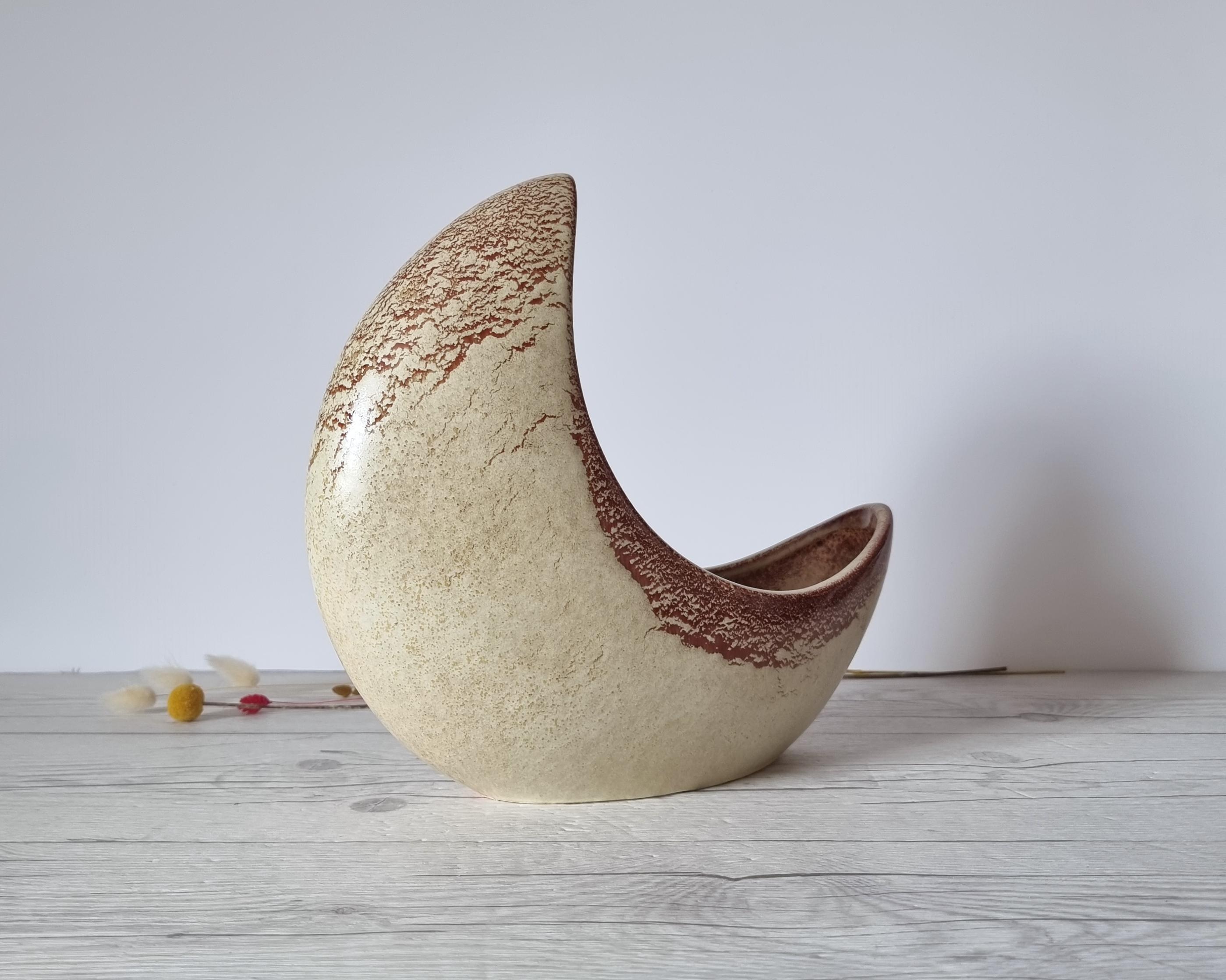 Italian Bertoncello, Havana Cream and Sienna Glaze, Modernist Crescent Moon Planter Vase