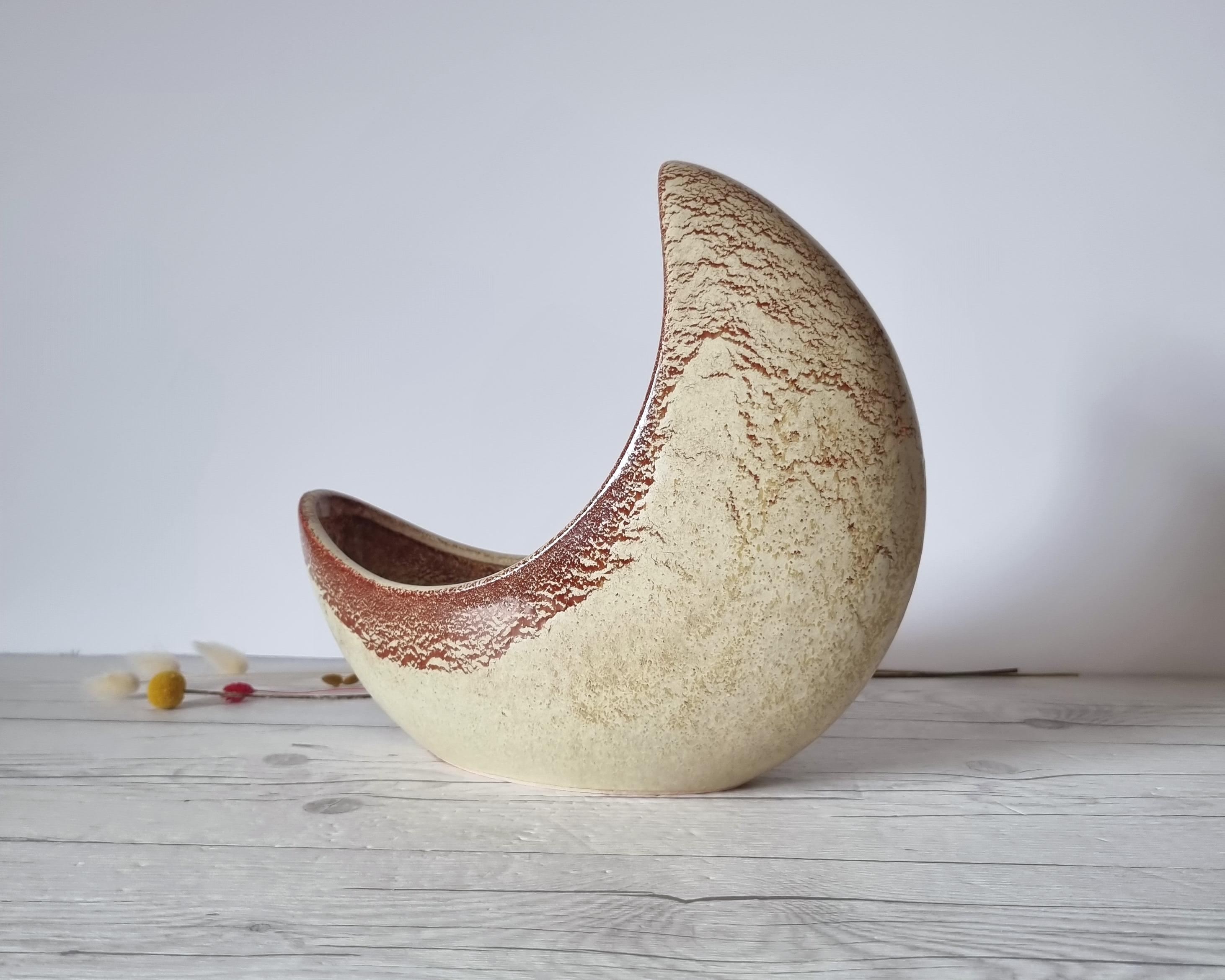 Ceramic Bertoncello, Havana Cream and Sienna Glaze, Modernist Crescent Moon Planter Vase