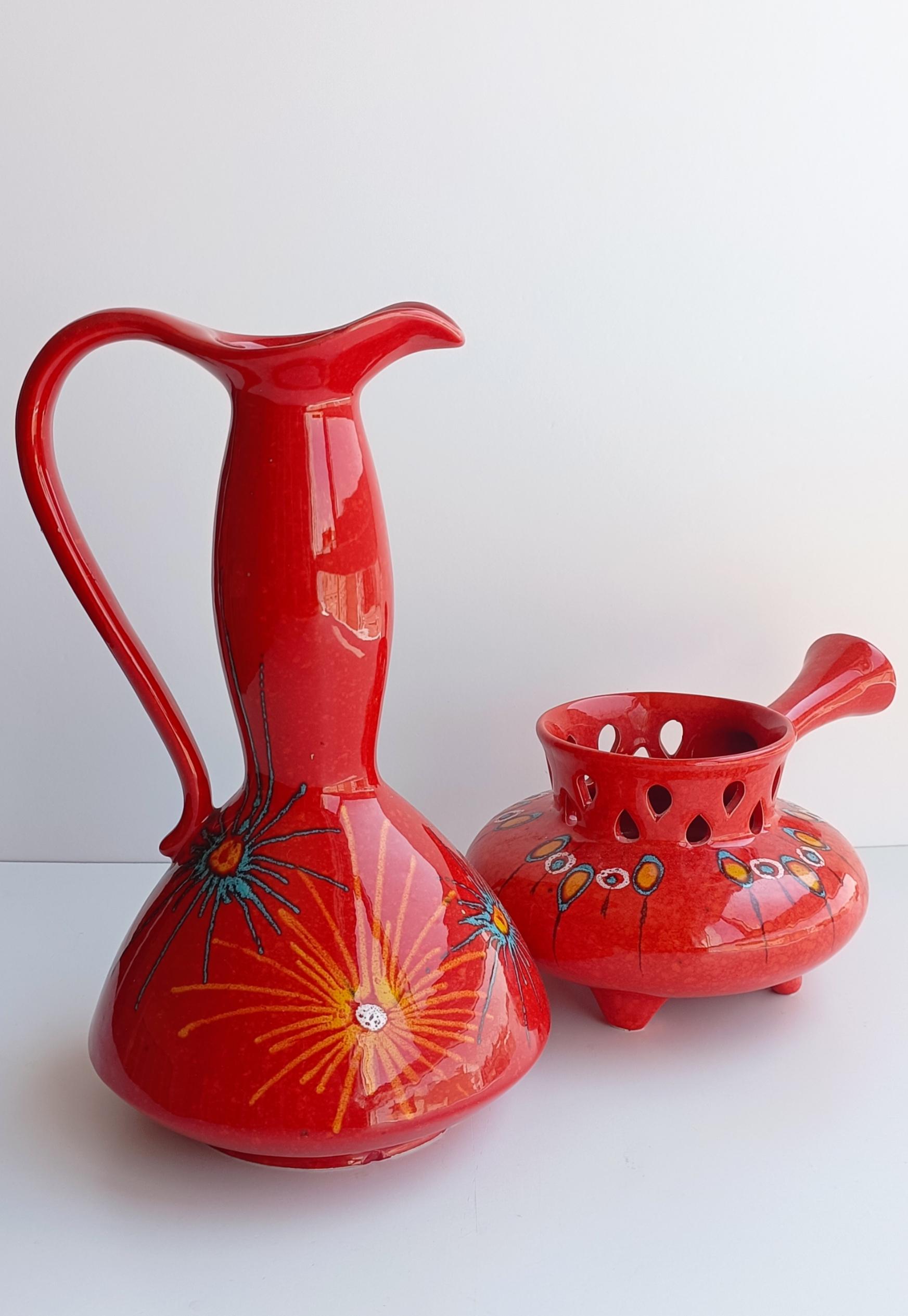 Mid-Century Modern Bertoncello Ikebana Red Glaze Ceramic Pair of Vases