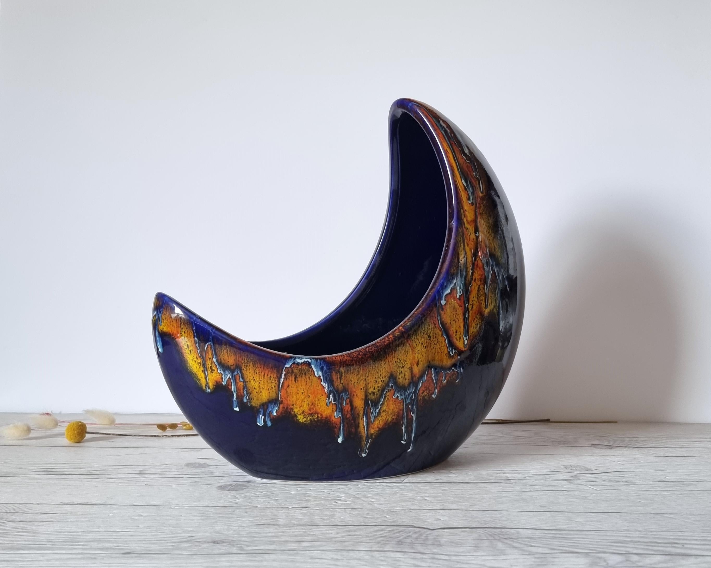 Bertoncello, Midnight Fire Palette, Modernist Crescent Moon Planter Vase, Rare 1