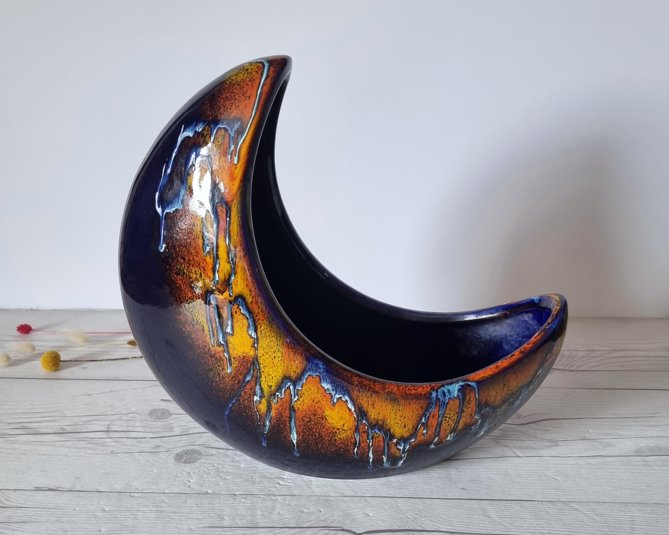 Bertoncello, Midnight Fire Palette, Modernist Crescent Moon Planter Vase, Rare 5