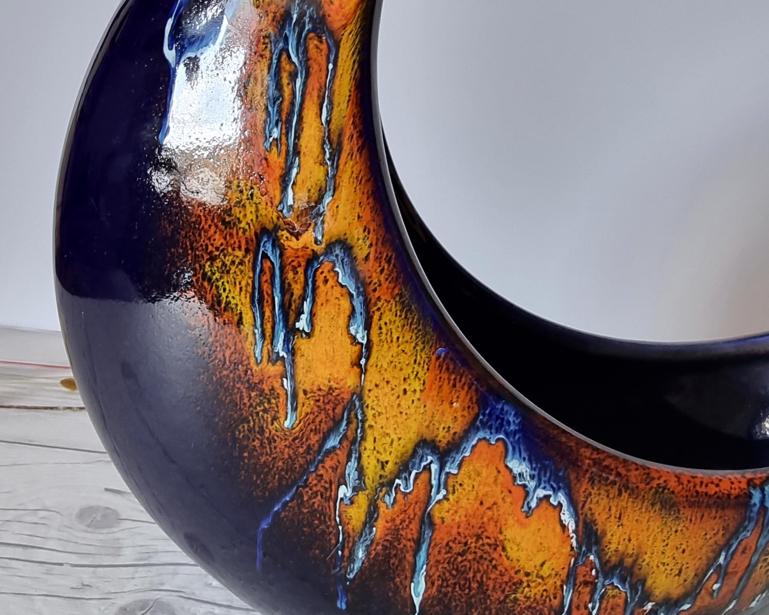 Italian Bertoncello, Midnight Fire Palette, Modernist Crescent Moon Planter Vase, Rare