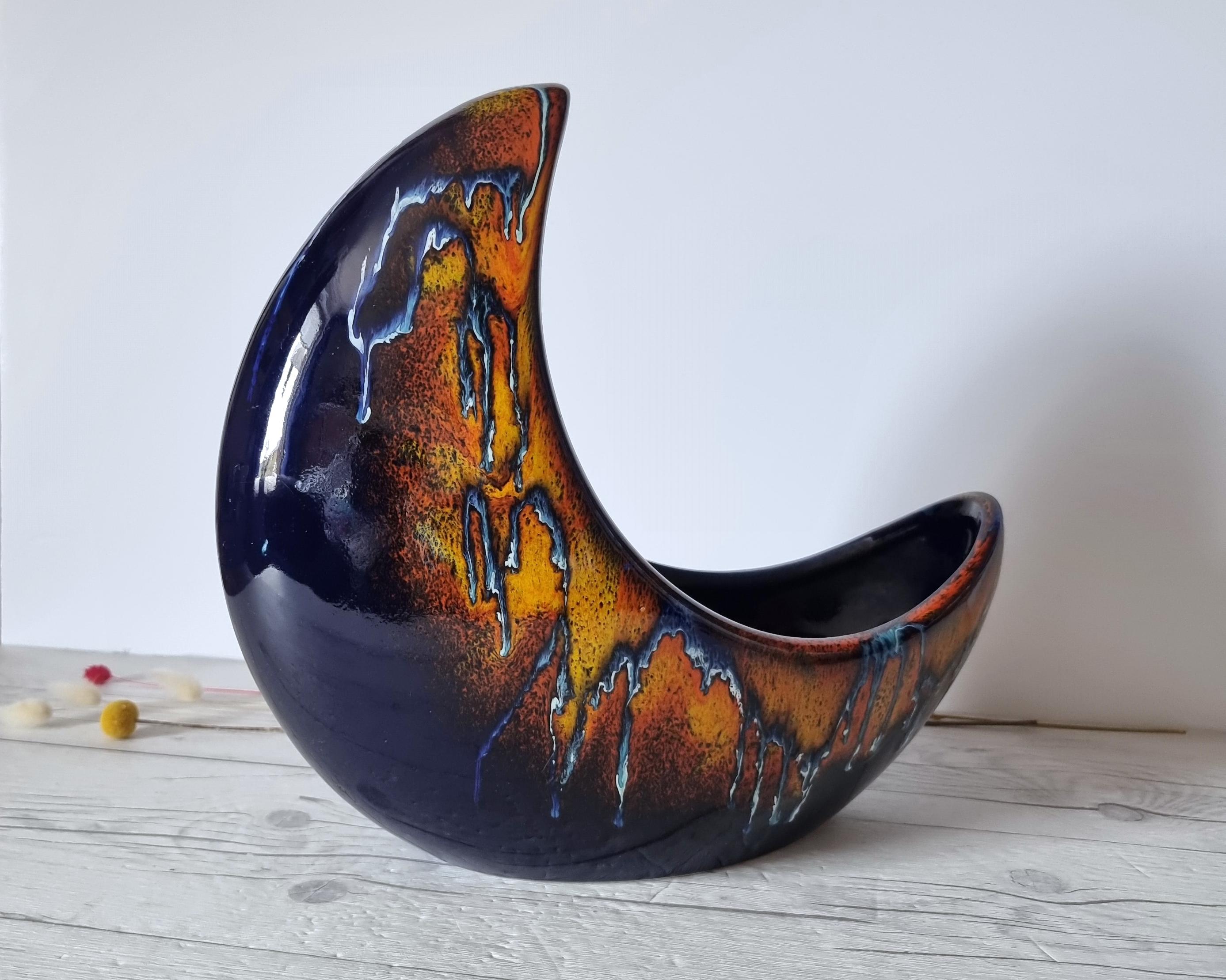 Glazed Bertoncello, Midnight Fire Palette, Modernist Crescent Moon Planter Vase, Rare