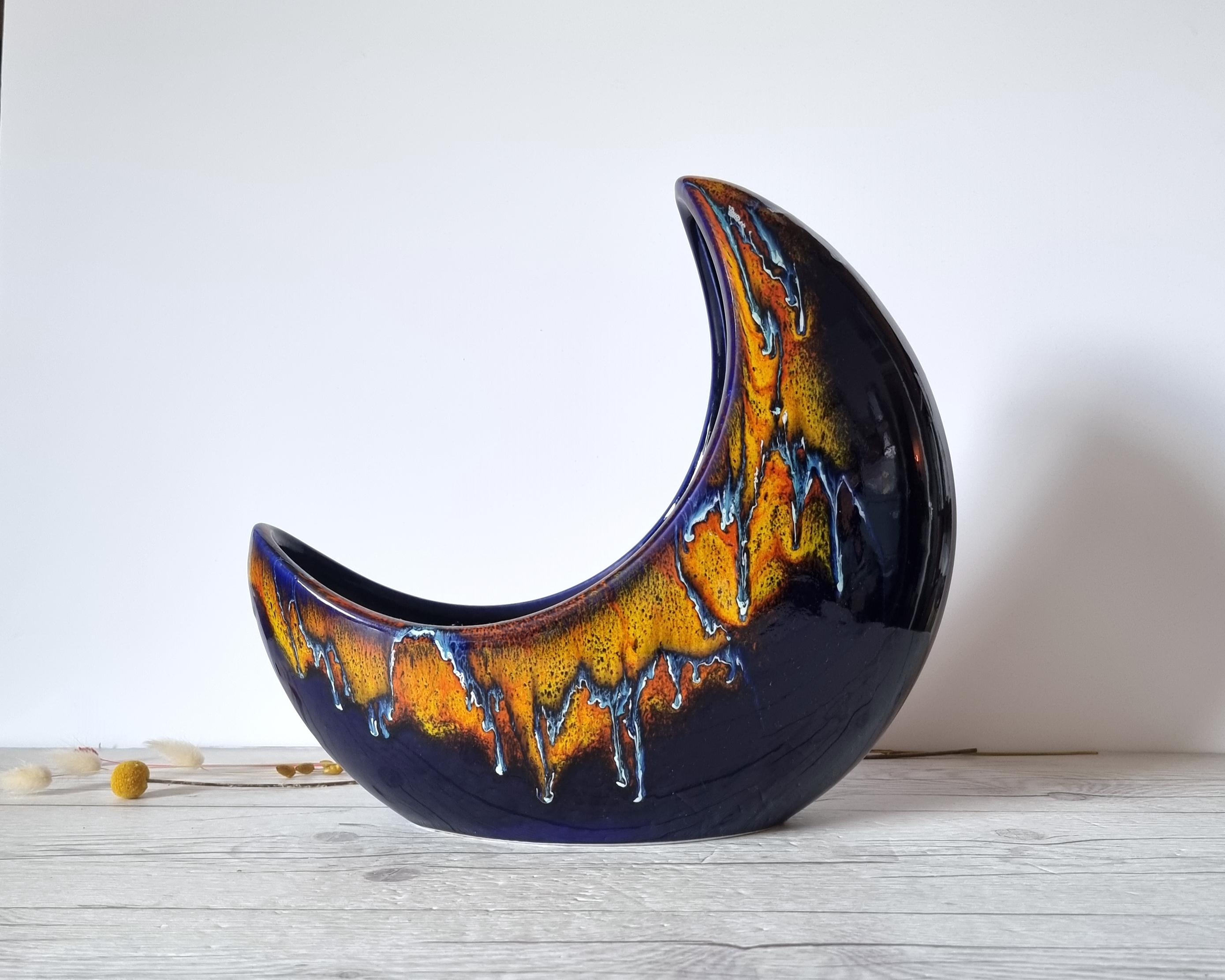 Ceramic Bertoncello, Midnight Fire Palette, Modernist Crescent Moon Planter Vase, Rare