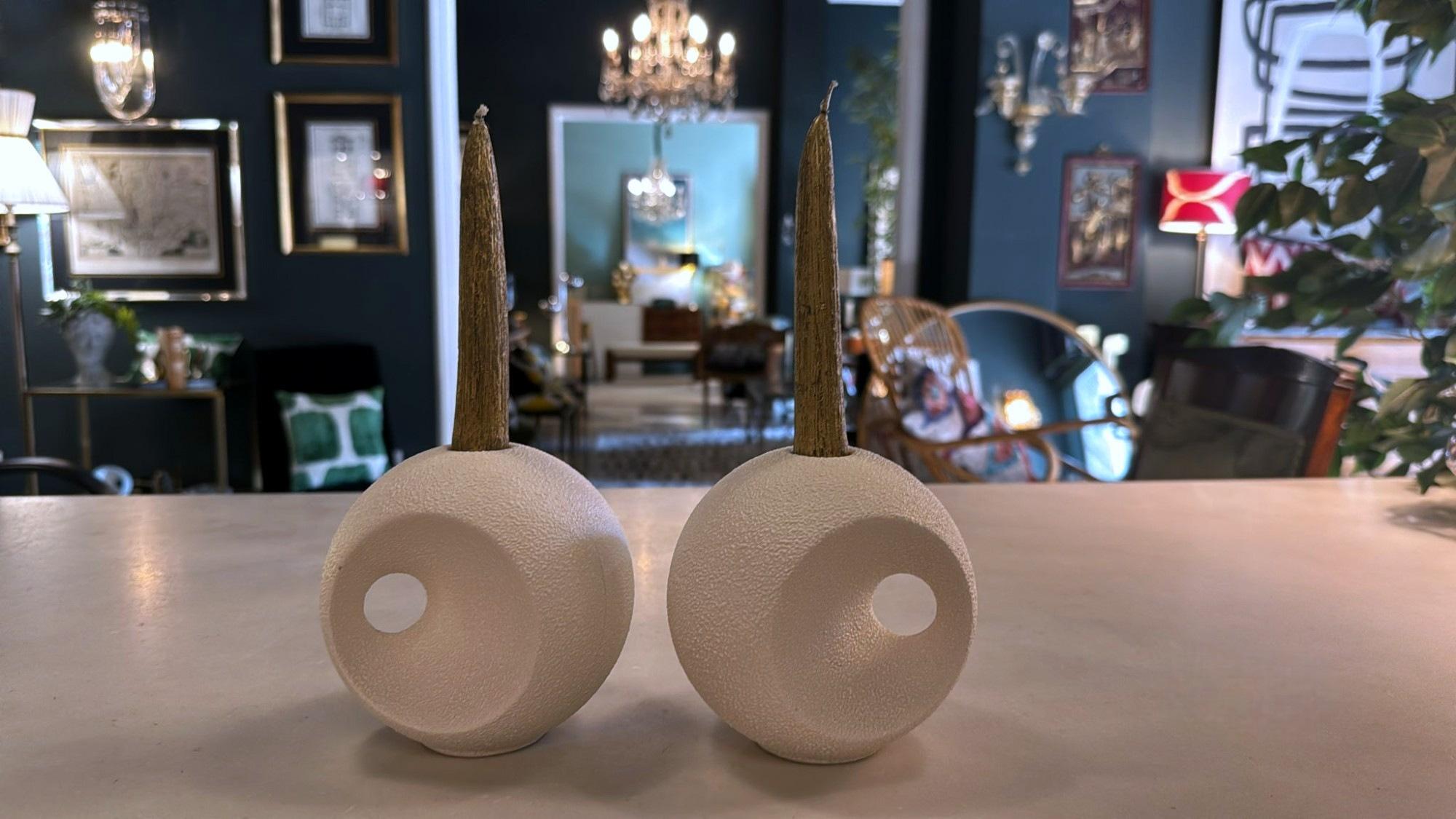Bertoncello  Pair Of White Glazed Ceramic Candlesticks Design By Roberto Rigon For Sale 13
