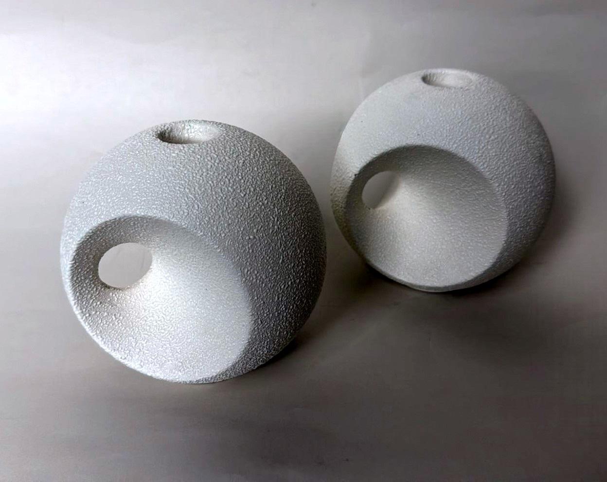 20th Century Bertoncello  Pair Of White Glazed Ceramic Candlesticks Design By Roberto Rigon For Sale