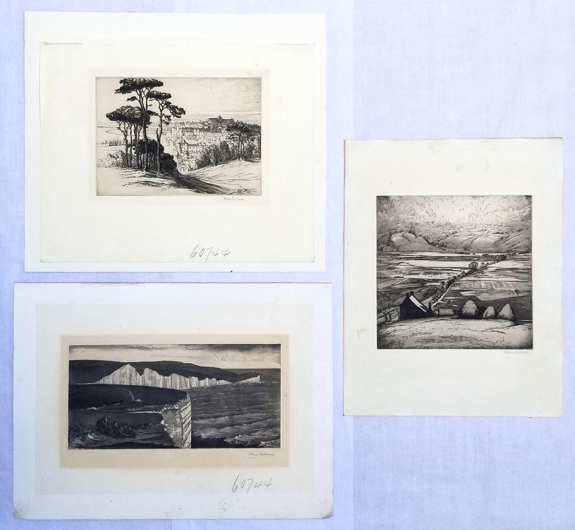 Conjunto de tres grabados de Bertram Buchanan /// English Modern Land City Sky Scape