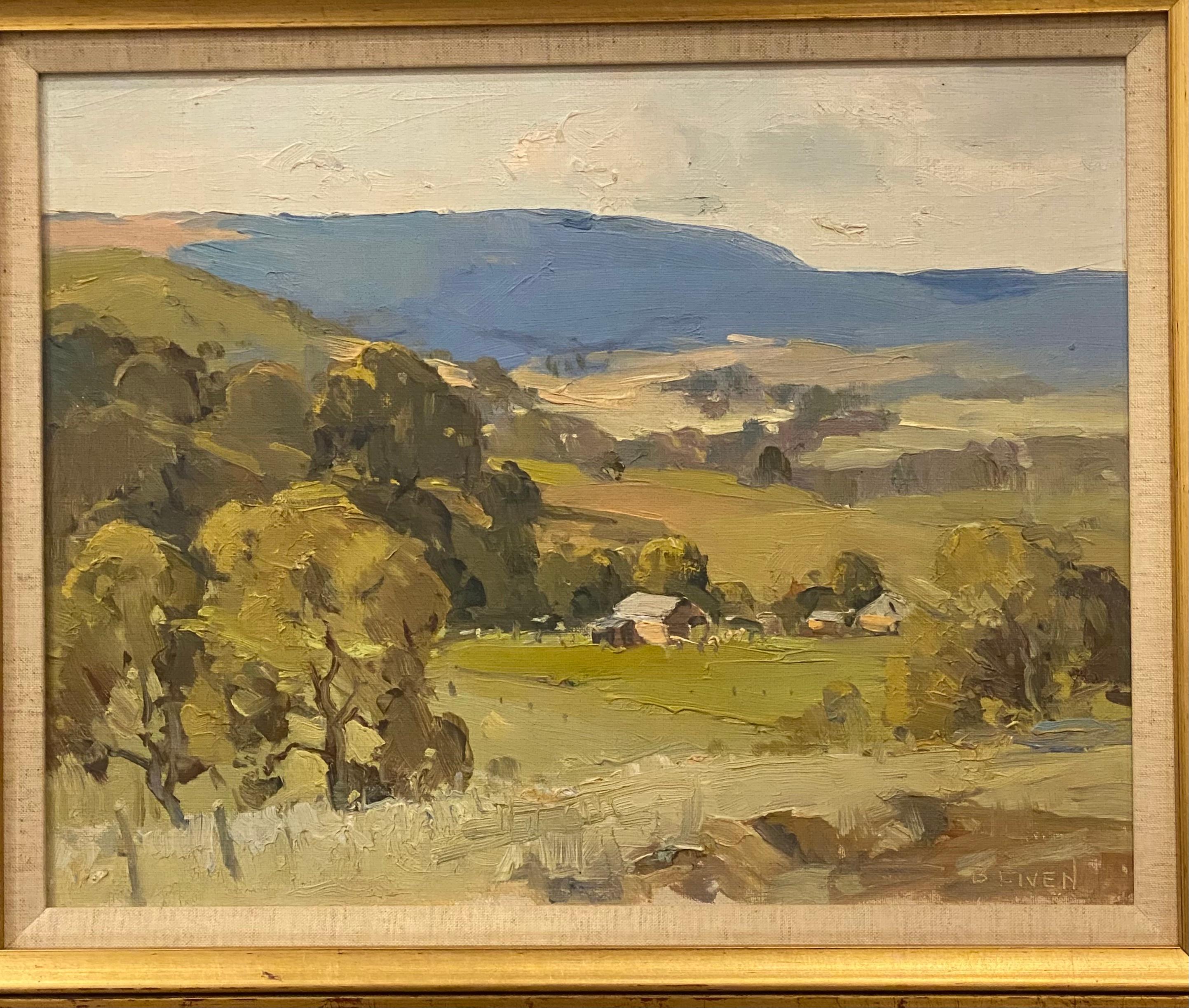 Retro Bertram Fiven (Australian) Blue Mountains Landscape Oil on Canvas Board Painting For Sale