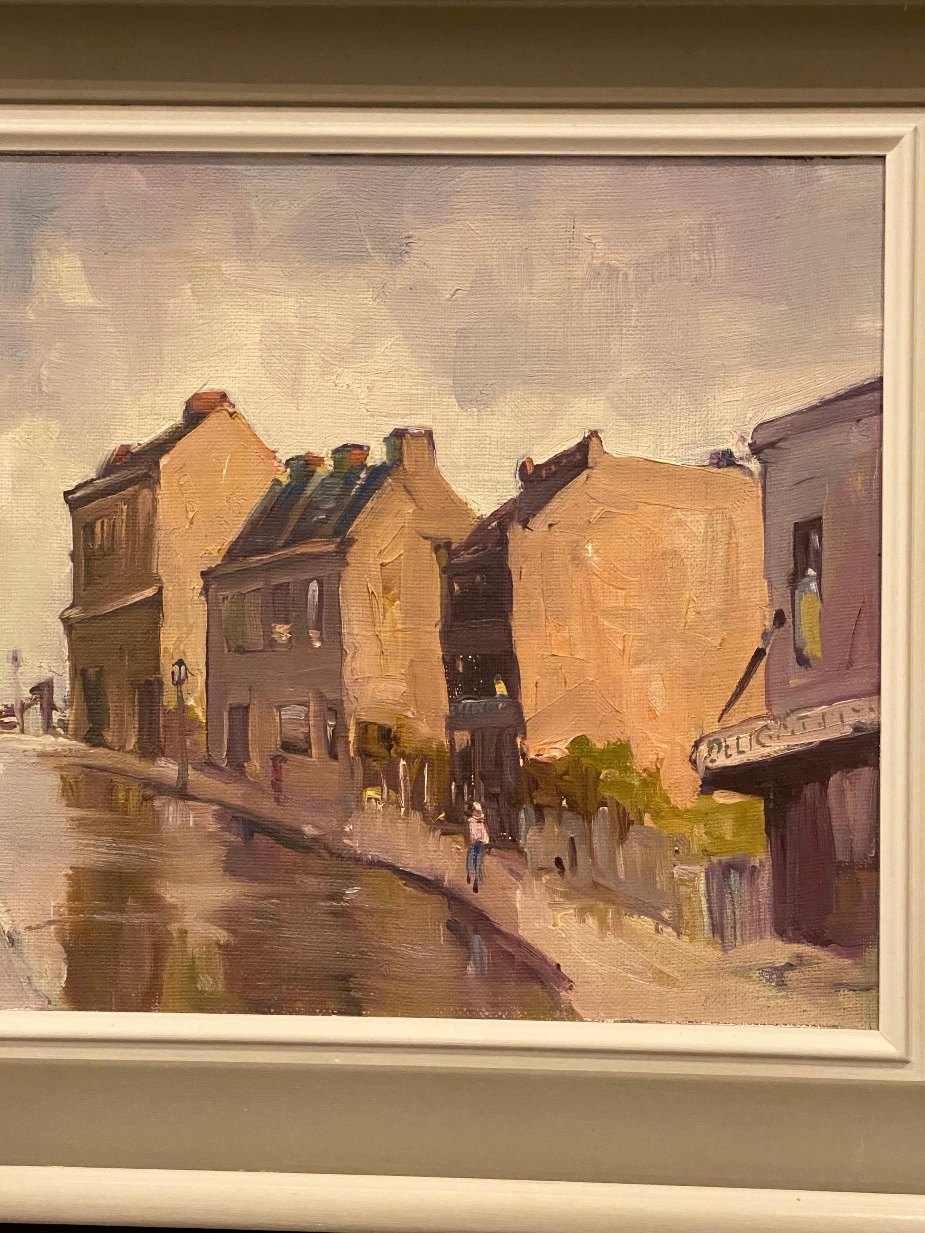 Retro Bertram Fiven (Australian) George St, Wentworth, Sydney Oil on Board Painting For Sale