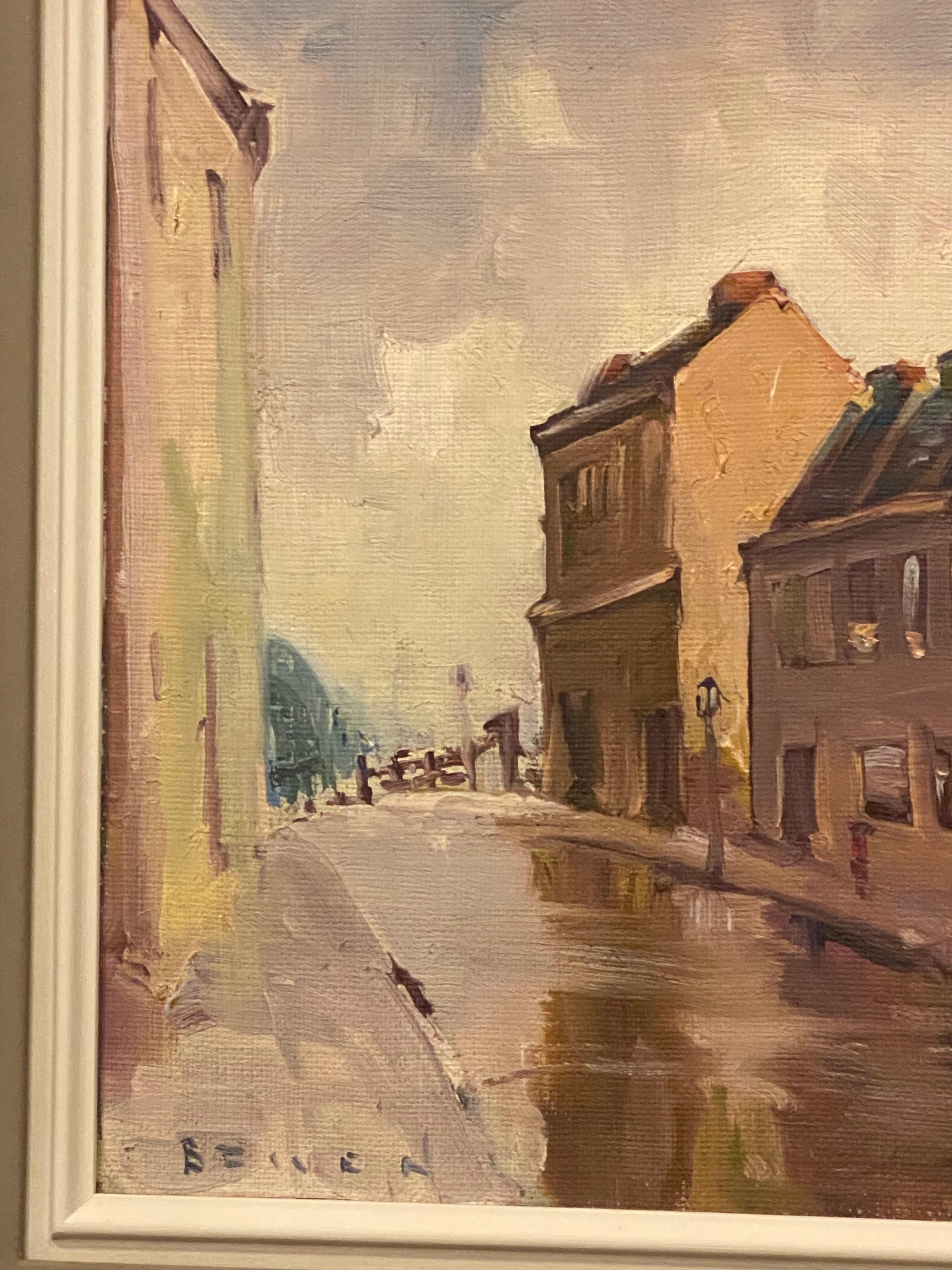 Bertram Fiven (Australian) George St, Wentworth, Sydney Oil on Board Painting In Excellent Condition For Sale In MELBOURNE, AU