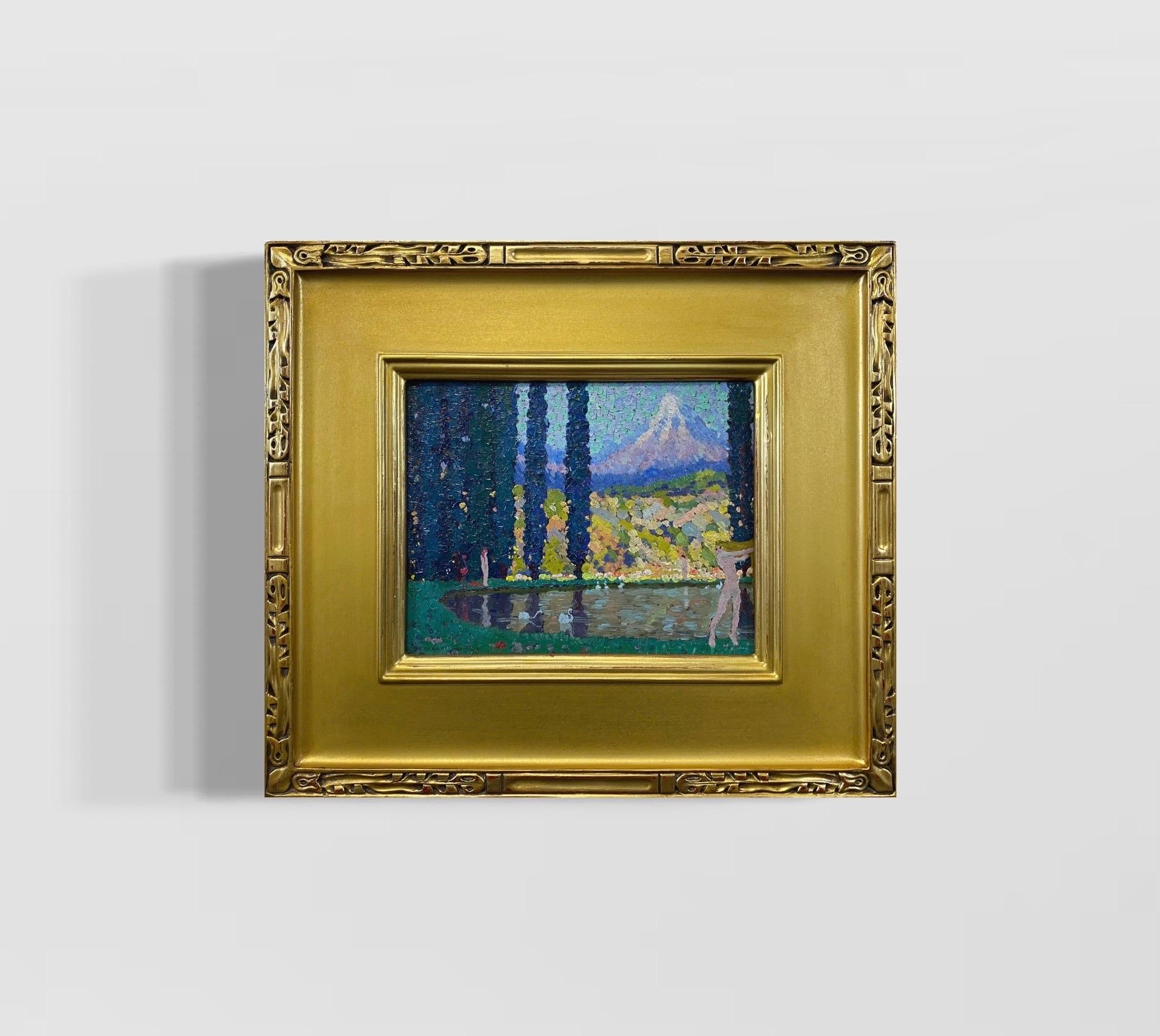 Post-Impressionist Mythical Landscape Nude Bathers and Swans, American Painter – Painting von Bertram Hartman