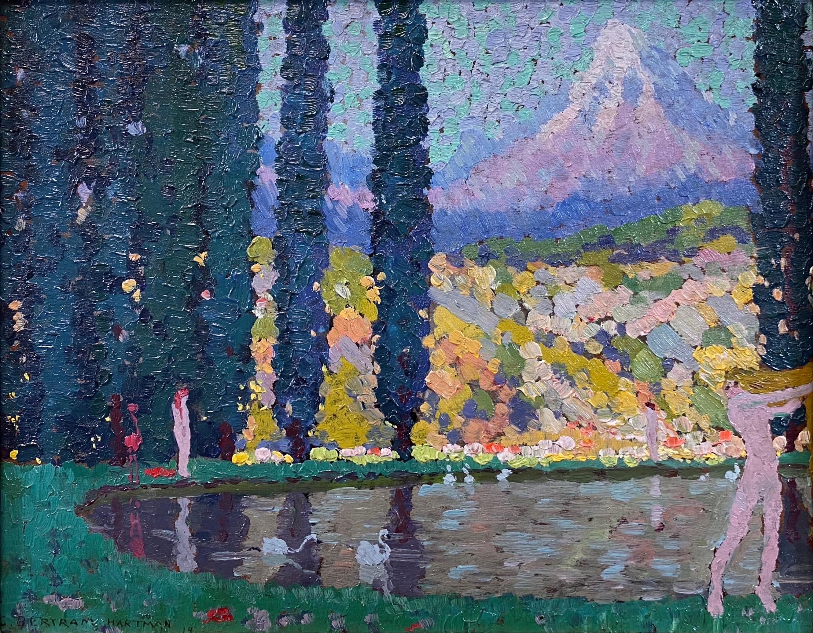 Post-Impressionist Mythical Landscape Nude Bathers and Swans, American Painter (Post-Impressionismus), Painting, von Bertram Hartman