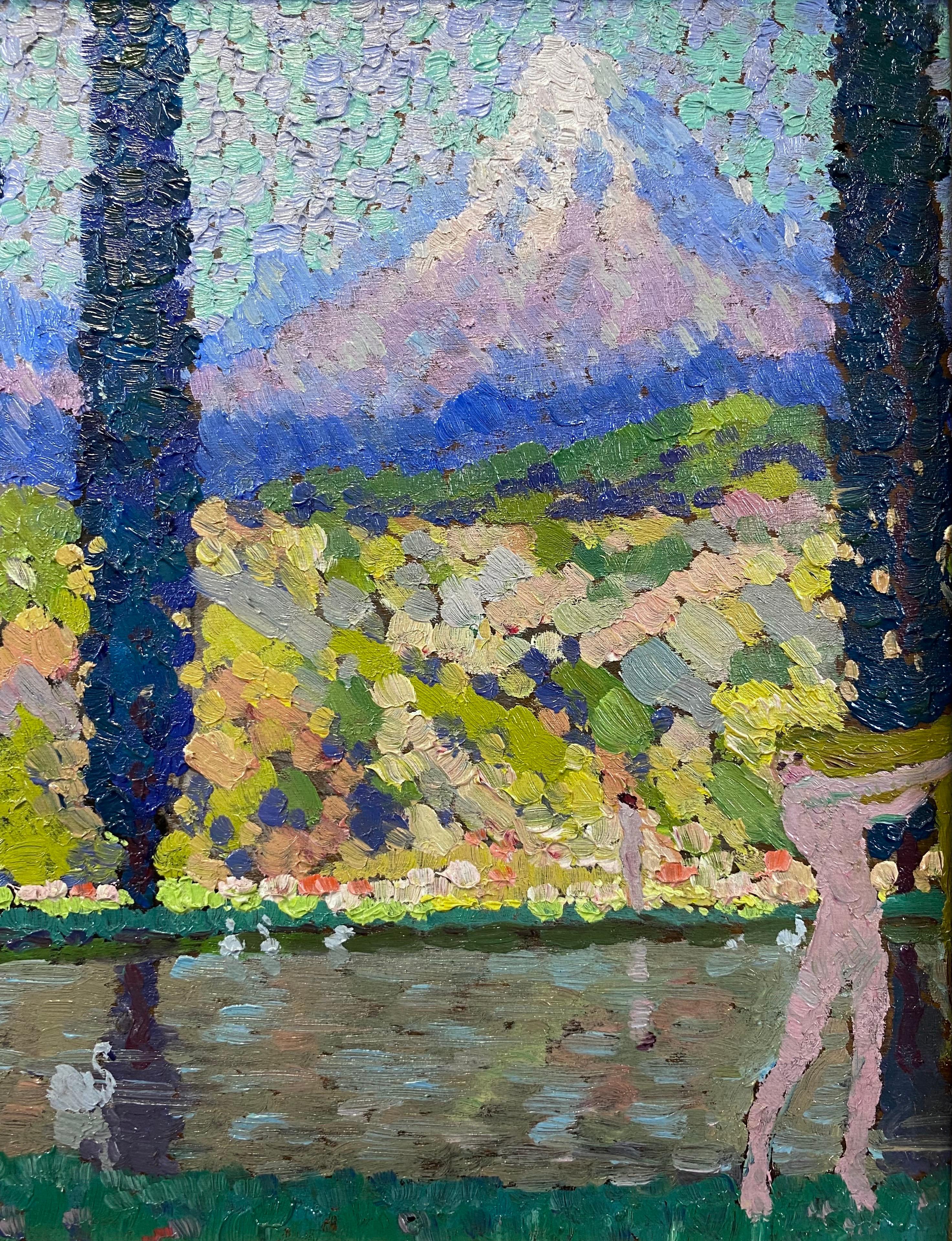 Post-Impressionist Mythical Landscape Nude Bathers and Swans, American Painter (Braun), Nude Painting, von Bertram Hartman