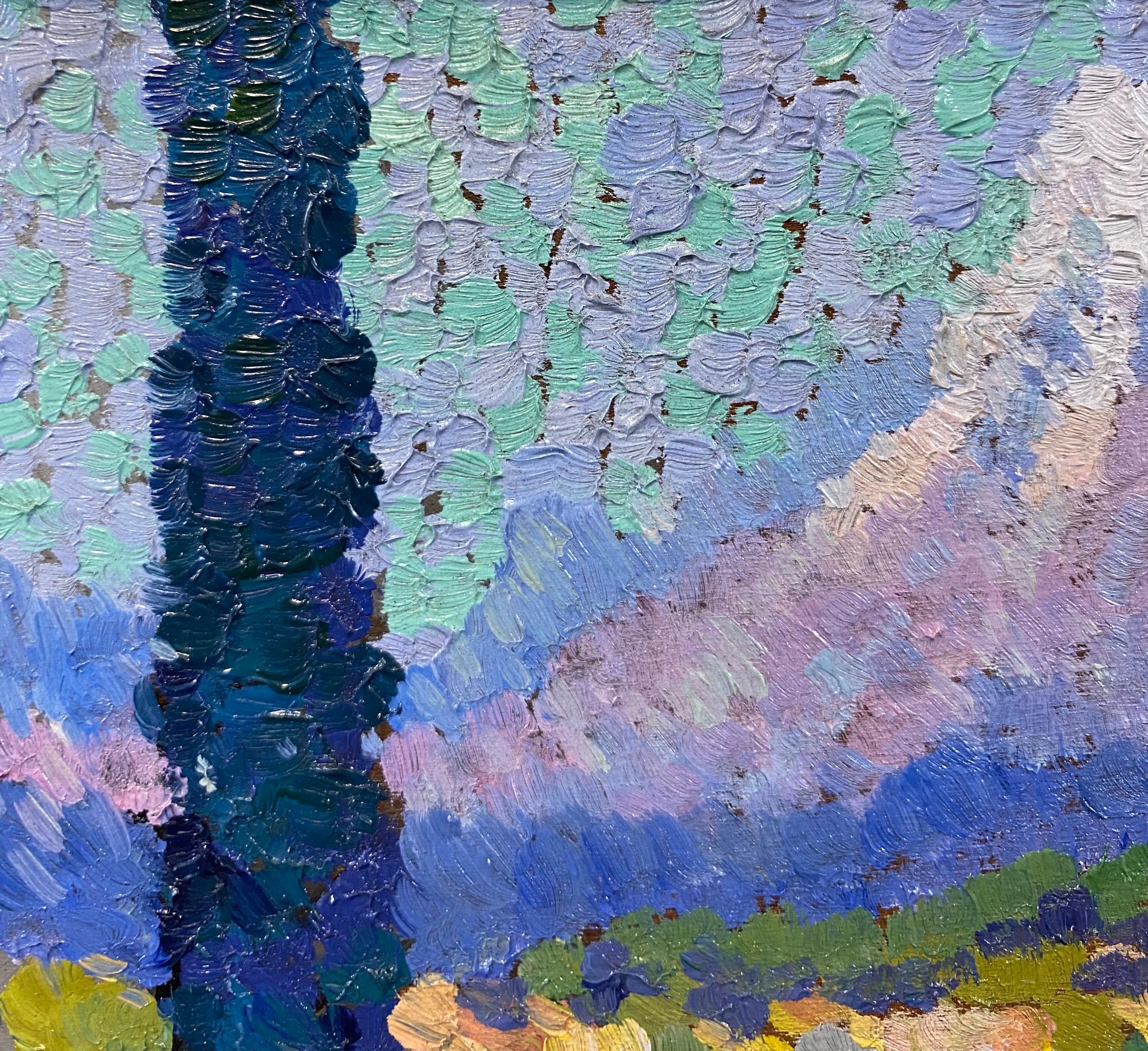 An exceptional example of Hartman’s early post-impressionist works.

This lovely work depicts several female bathers alongside various birds in an enchanting landscape. In the lower right foreground, a woman stands towards the viewer with her blonde