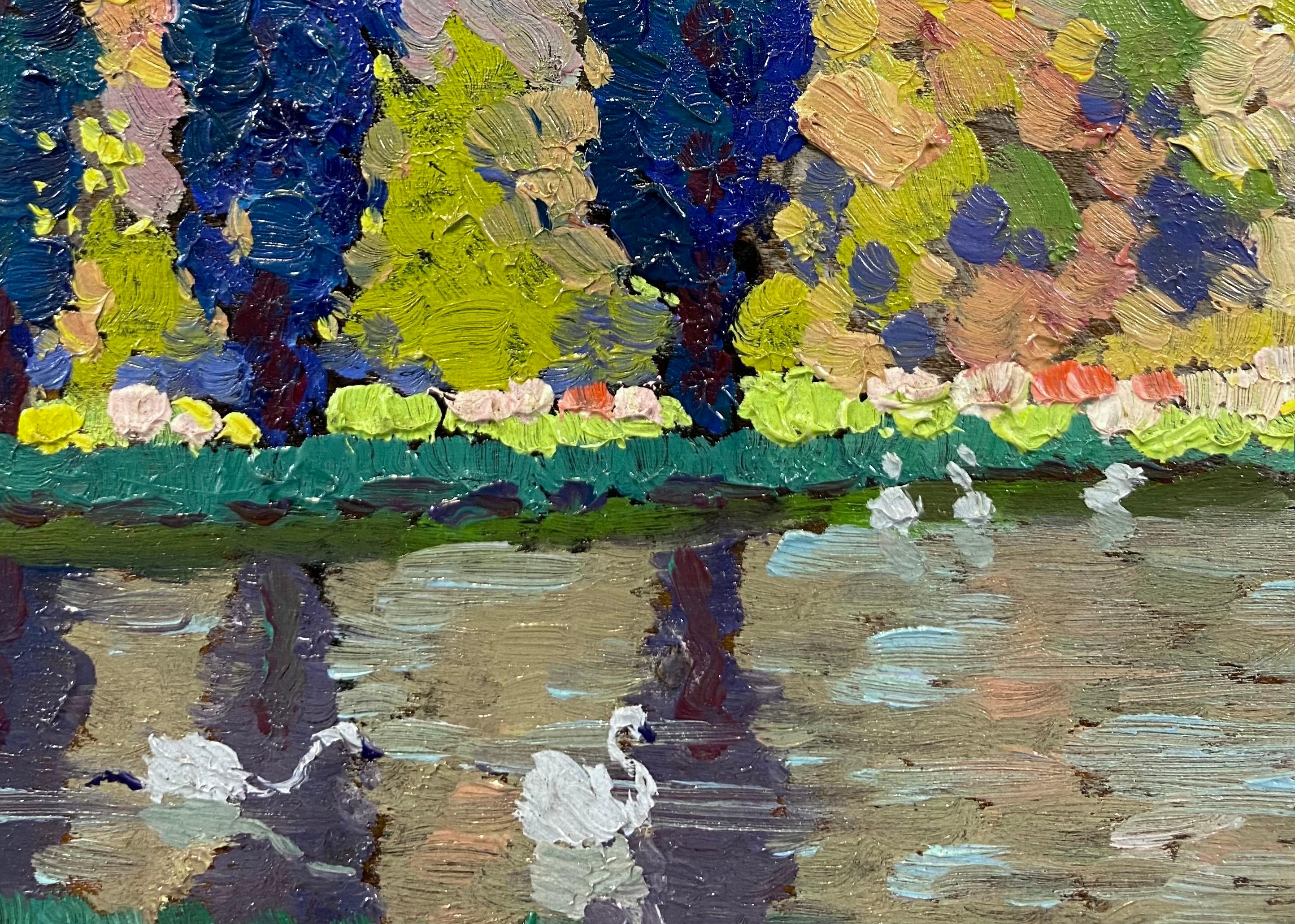 Post-Impressionist Mythical Landscape Nude Bathers and Swans, American Painter im Angebot 1