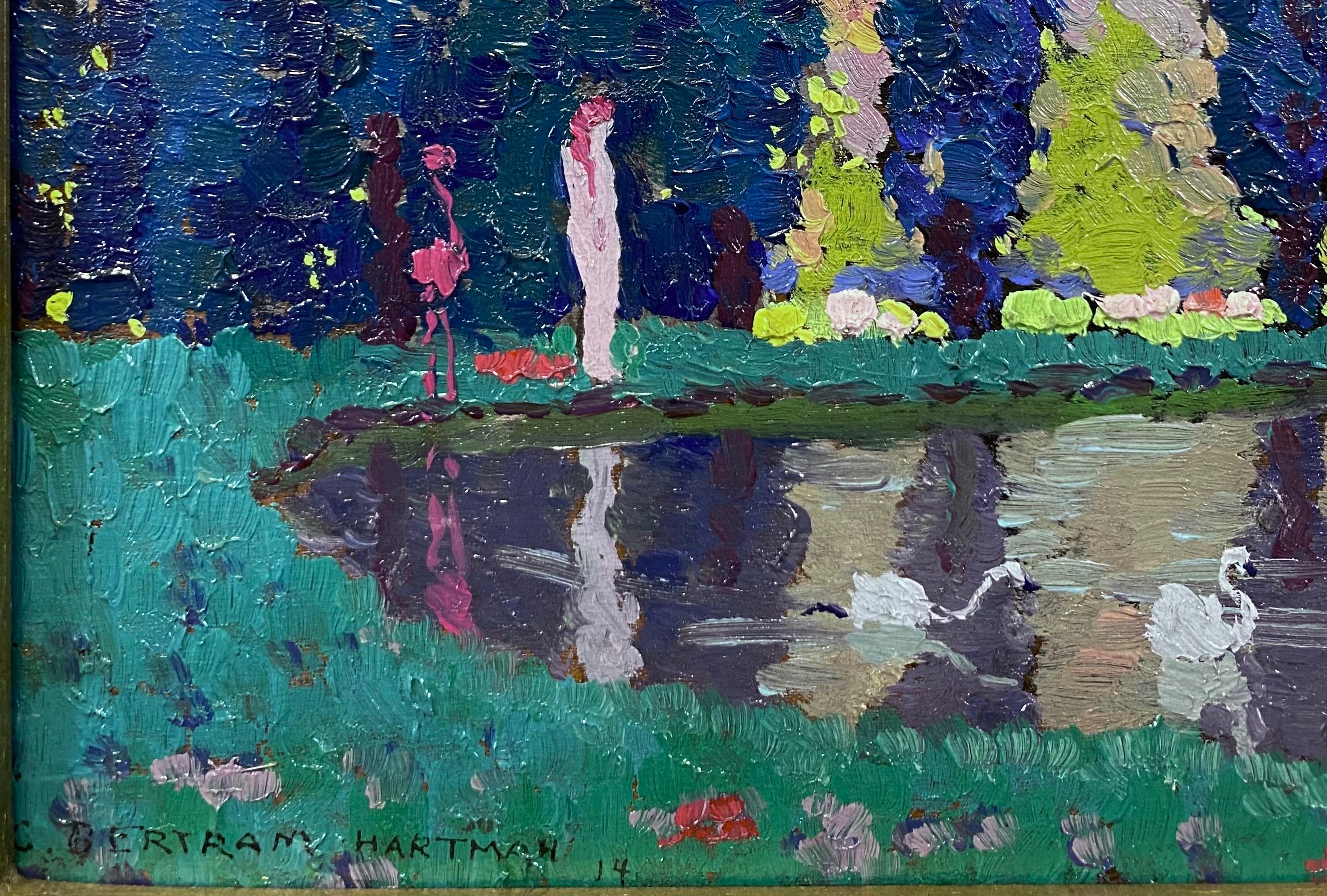 Post-Impressionist Mythical Landscape Nude Bathers and Swans, American Painter im Angebot 2