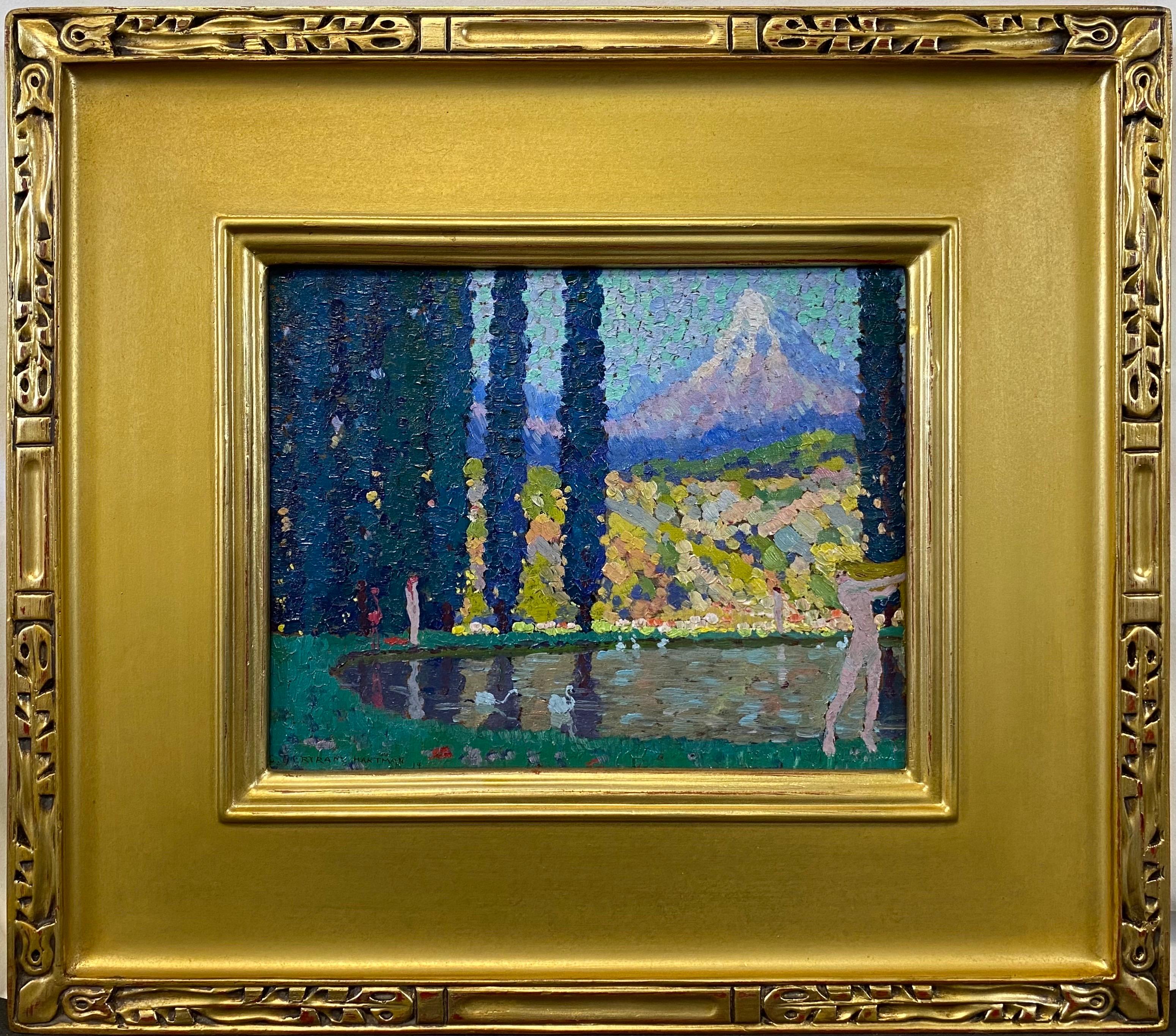 Post-Impressionist Mythical Landscape Nude Bathers and Swans, American Painter