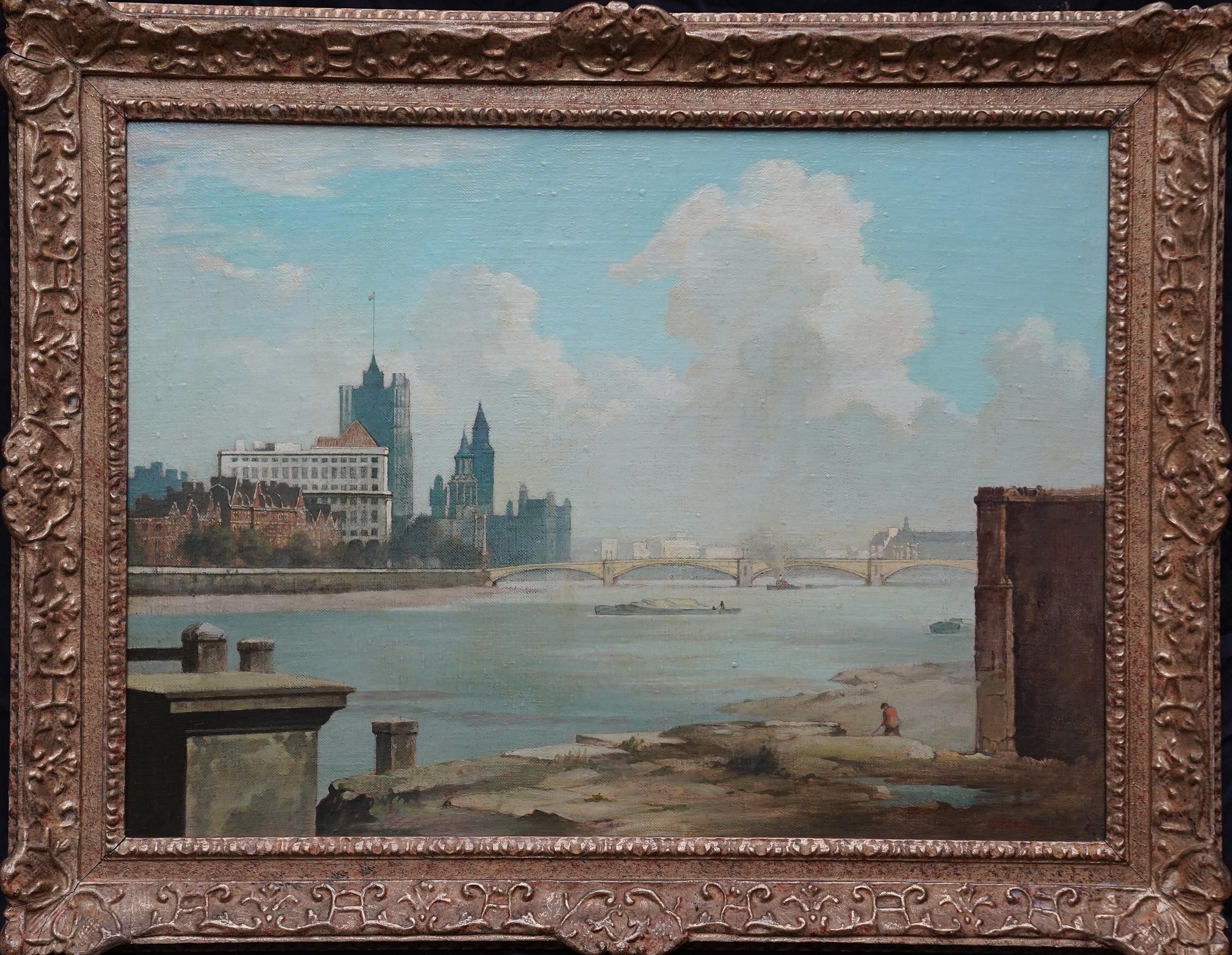 Vauxhall Bridge Londra 1951 - Pittura ad olio di un paesaggio post impressionista britannico in vendita 5