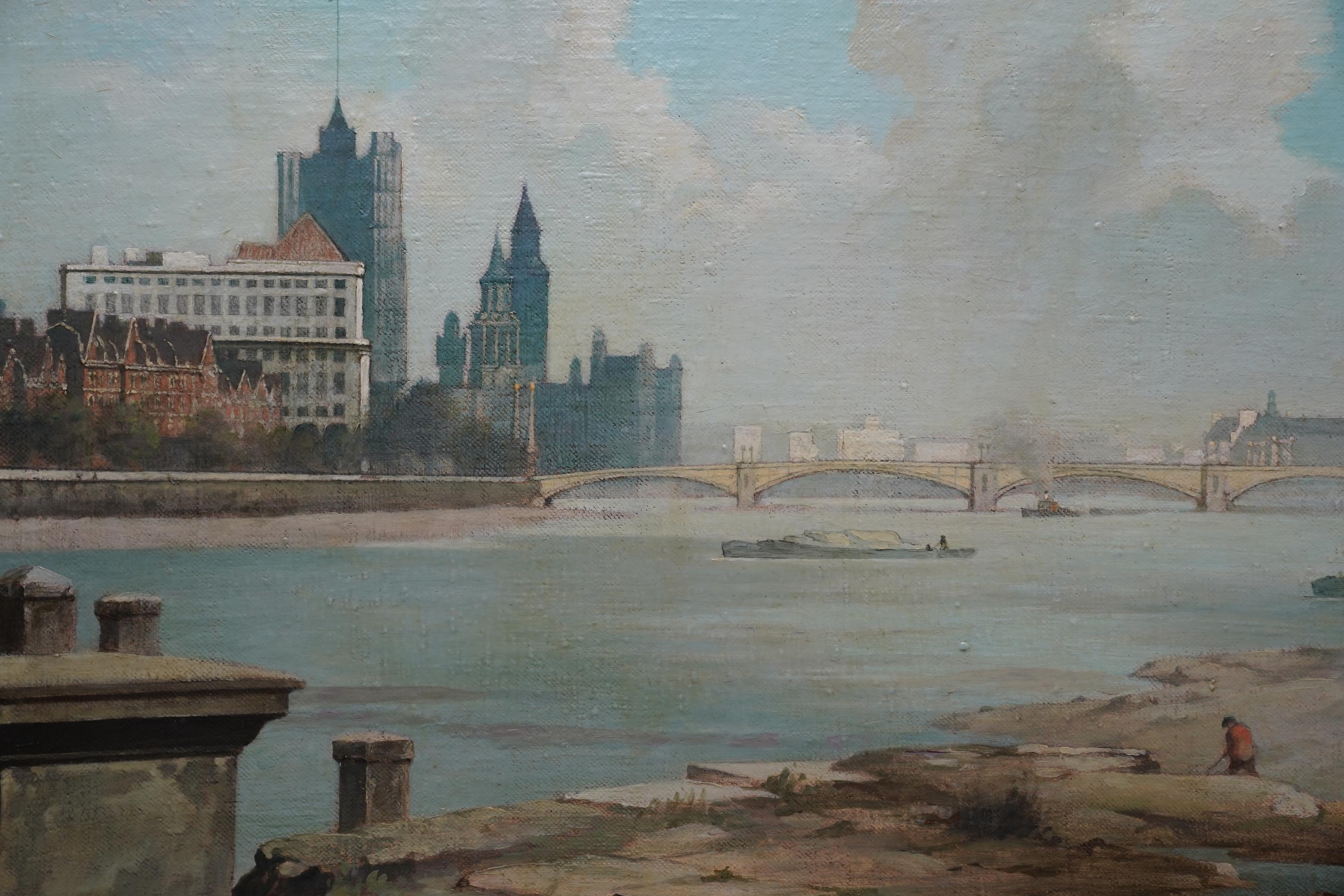 Vauxhall Bridge Londra 1951 - Pittura ad olio di un paesaggio post impressionista britannico - Painting Postimpressionismo di Bertram Nicholls