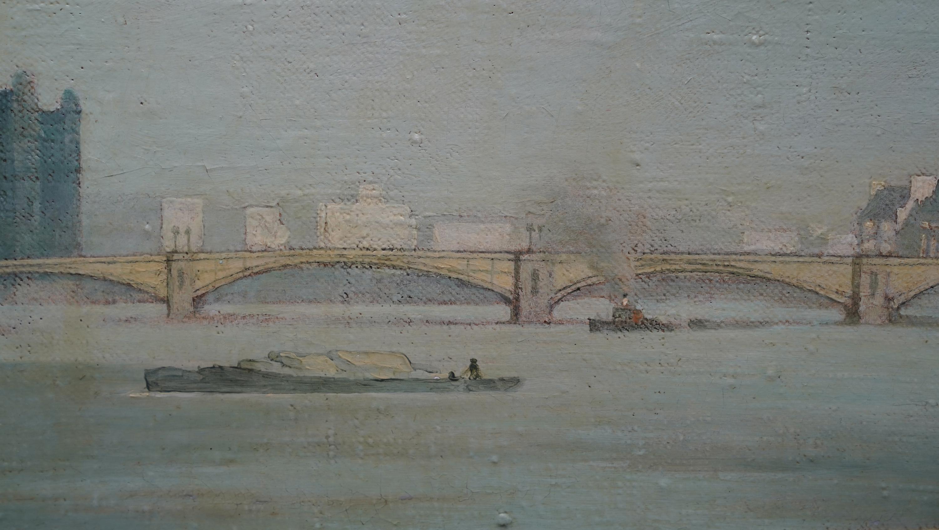 Vauxhall Bridge Londra 1951 - Pittura ad olio di un paesaggio post impressionista britannico - Landscape Painting Grigio di Bertram Nicholls