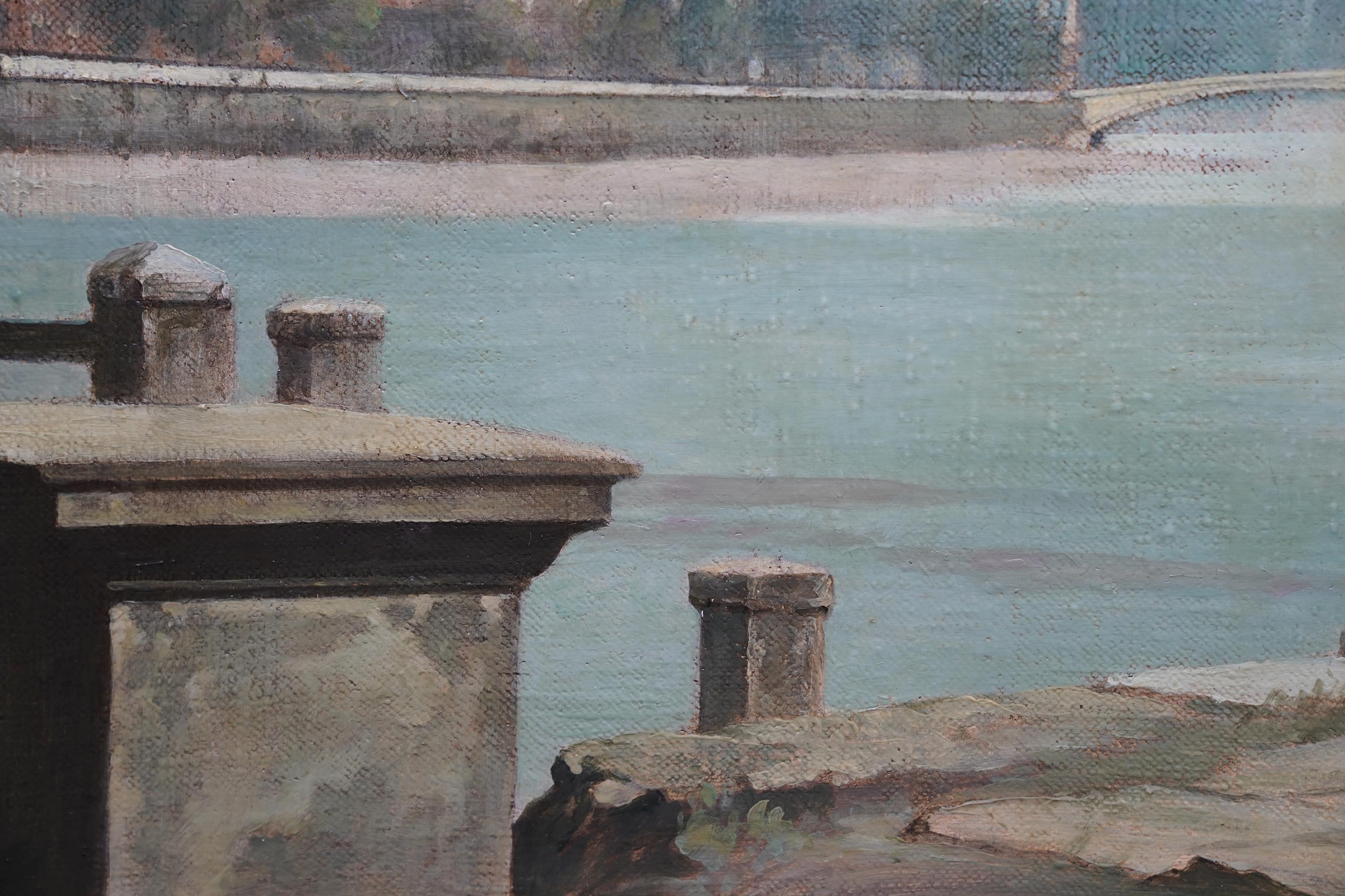Questo superbo dipinto a olio di un paesaggio londinese post impressionista è opera del noto artista Bertram Nicholls, formatosi alla Slade School. Dipinto nel 1951 e con un'ottima provenienza, il luogo è Vauxhall Bridge, un ponte ad arco in acciaio