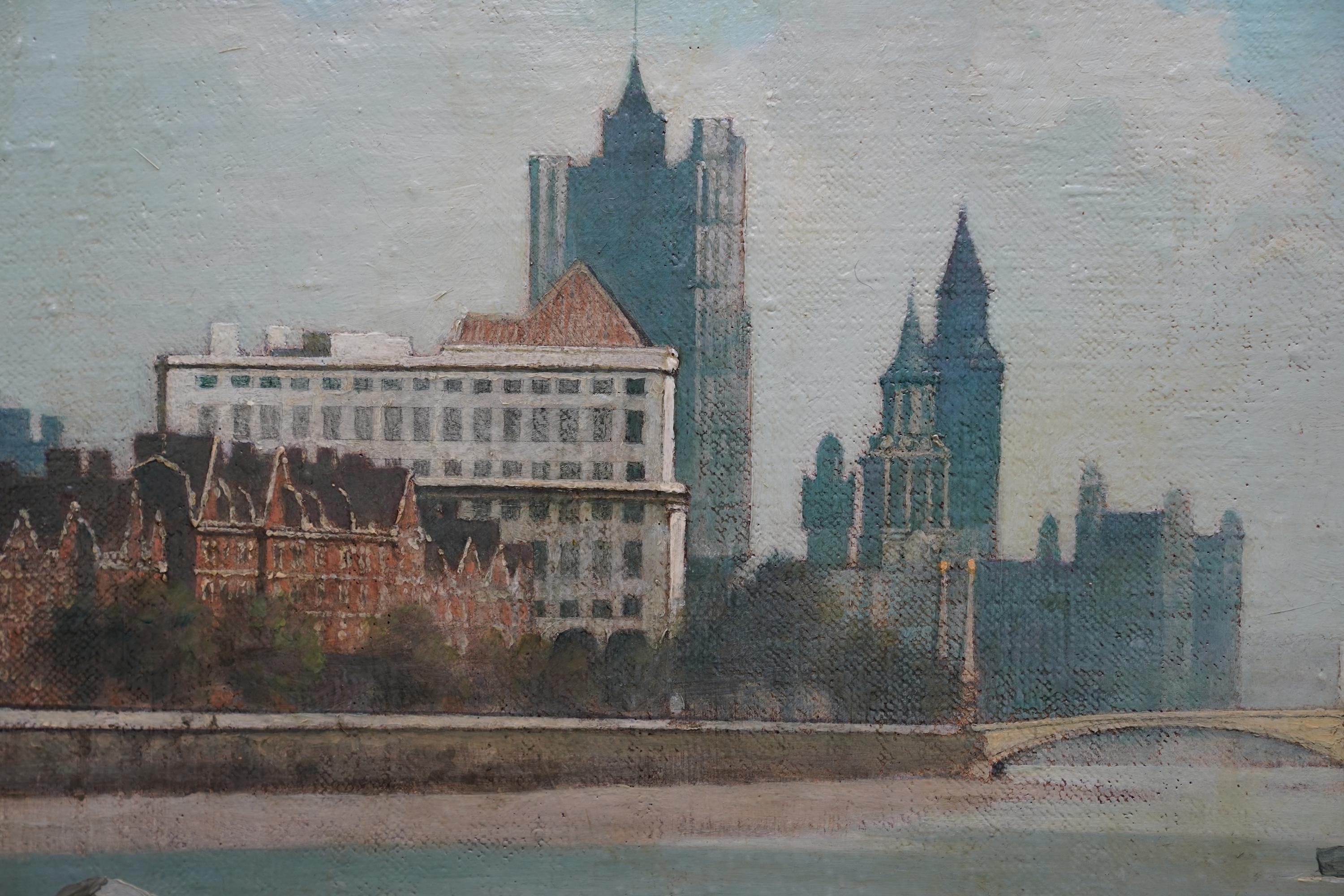 Vauxhall Bridge Londra 1951 - Pittura ad olio di un paesaggio post impressionista britannico in vendita 1