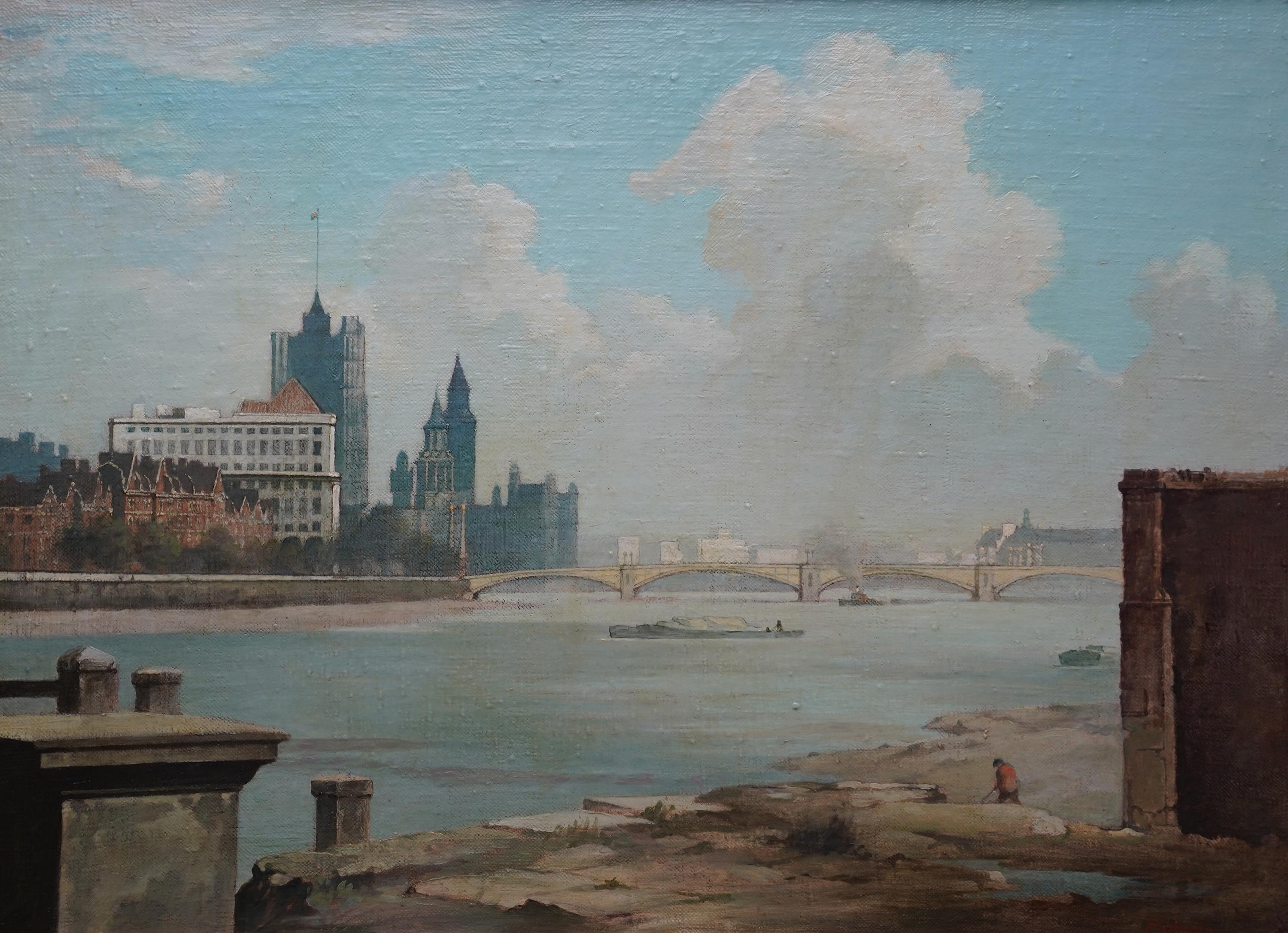 Vauxhall Bridge Londra 1951 - Pittura ad olio di un paesaggio post impressionista britannico in vendita 4