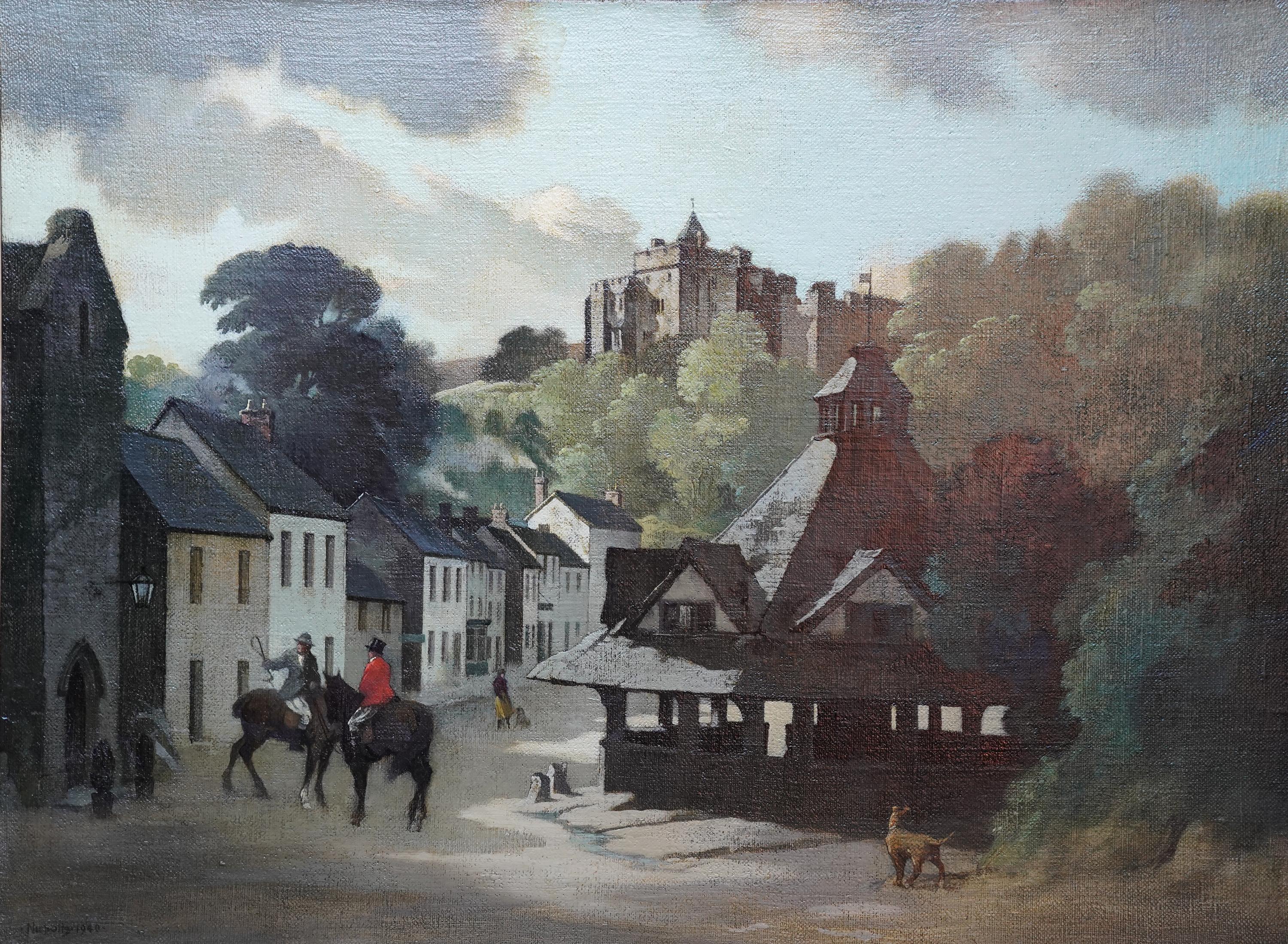 The Yarn Market, Dunster, Somerset - British 1940's townscape art oil painting For Sale 5