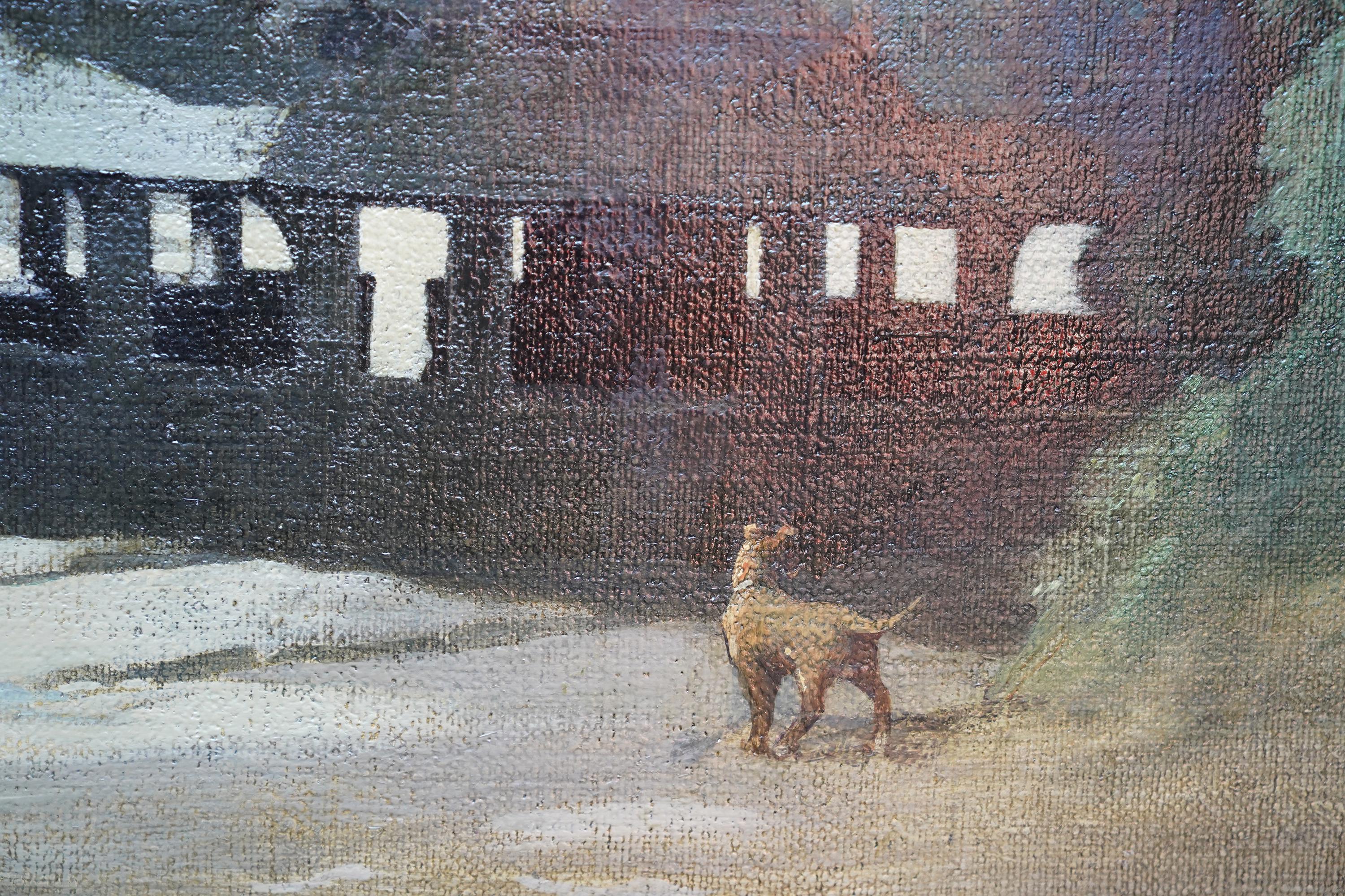 This historically interesting Post Impressionist town landscape oil painting is by noted Slade School trained artist Bertram Nicholls. Painted in 1940, the location is the Somerset town of Dunster and the famous Yarn Market grade I listed building
