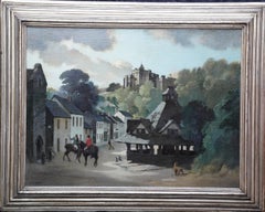Il mercato del filato, Dunster, Somerset - pittura ad olio britannica del 1940 sul paesaggio urbano