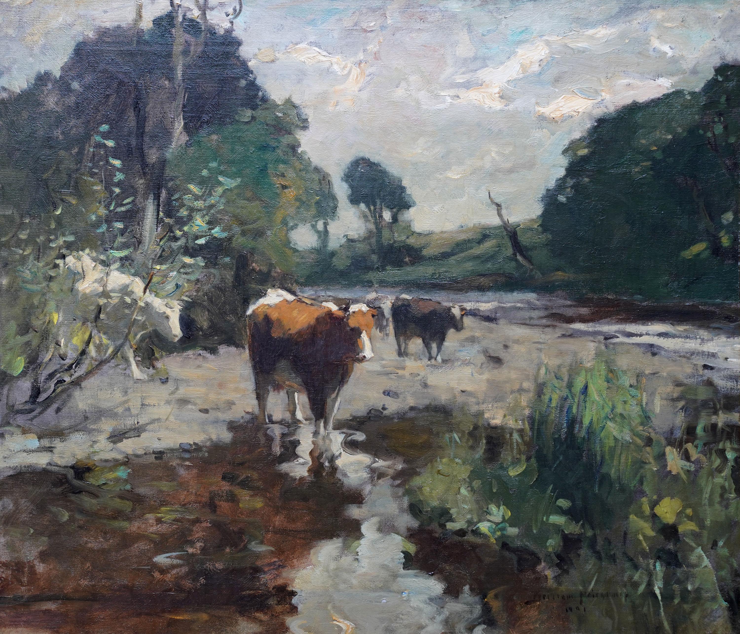 Mucche paesaggio fiume Wharfe Yorkshire - pittura ad olio impressionista britannica del 1901 in vendita 9