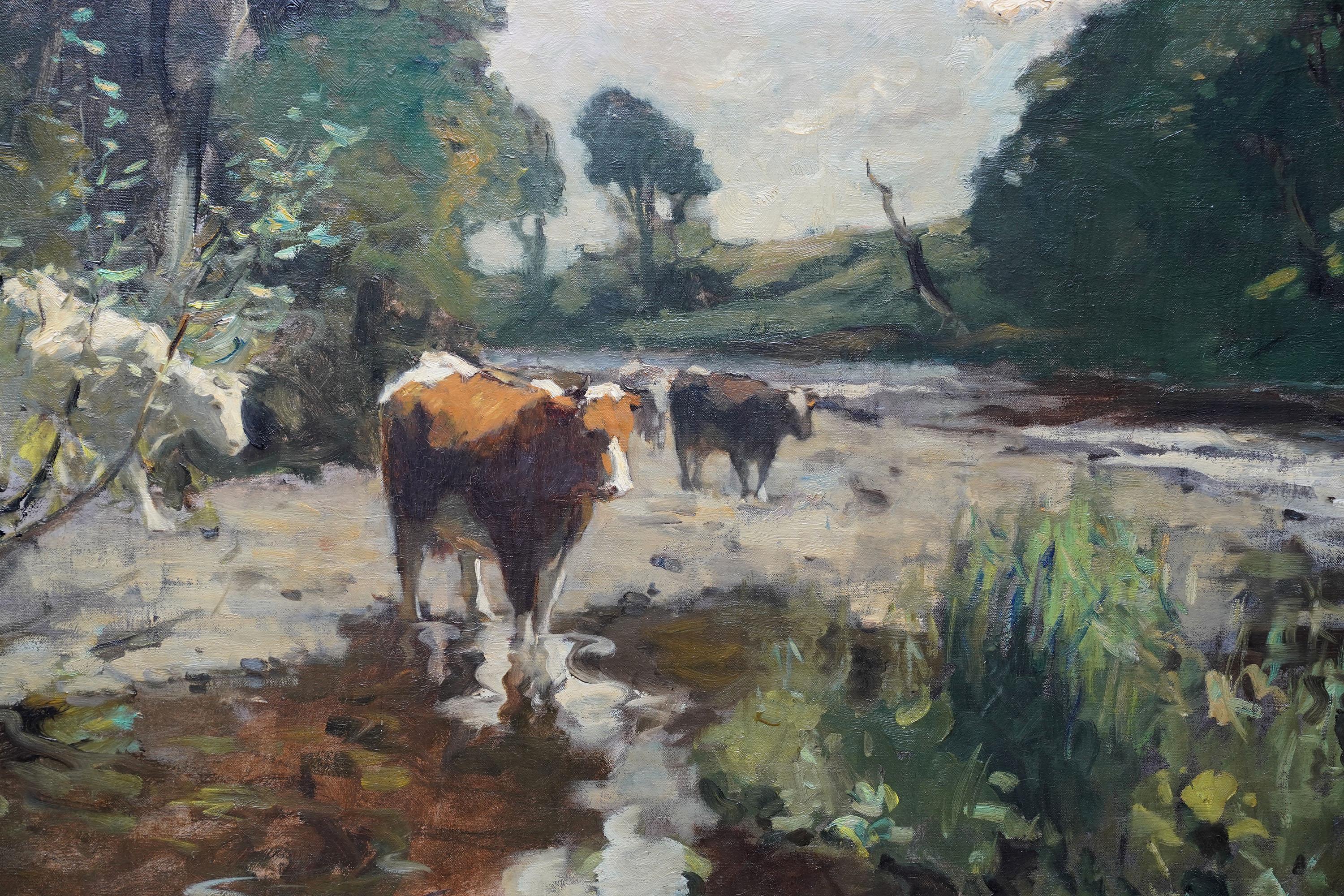 Mucche paesaggio fiume Wharfe Yorkshire - pittura ad olio impressionista britannica del 1901 - Painting Impressionismo di Bertram Priestman