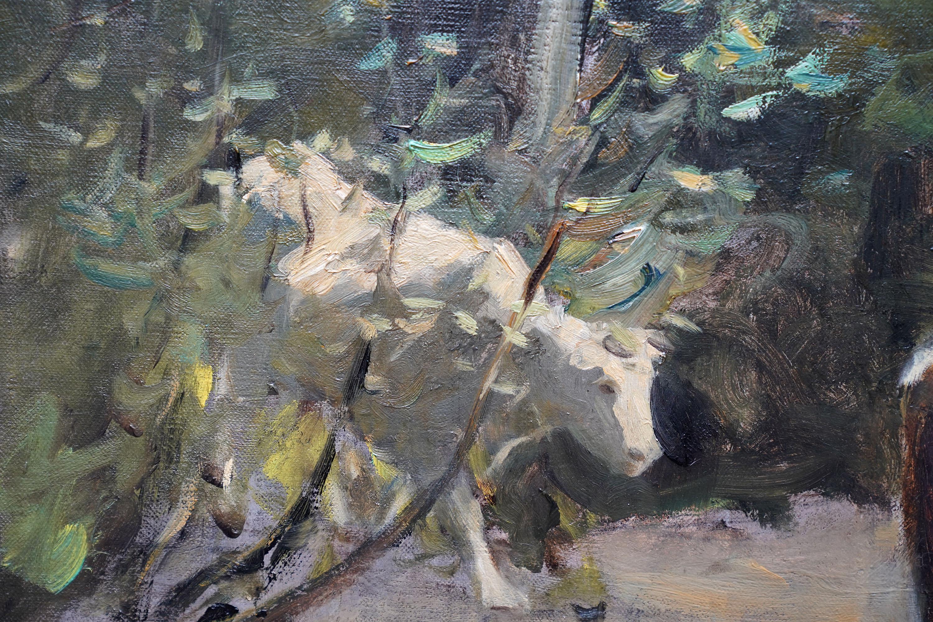 Questo delizioso dipinto a olio di un paesaggio impressionista britannico edoardiano è opera del noto artista della Slade School Bertram Priestman. Dipinto nel 1901, il luogo è il fiume Wharfe, un fiume dello Yorkshire, in Inghilterra, che nasce