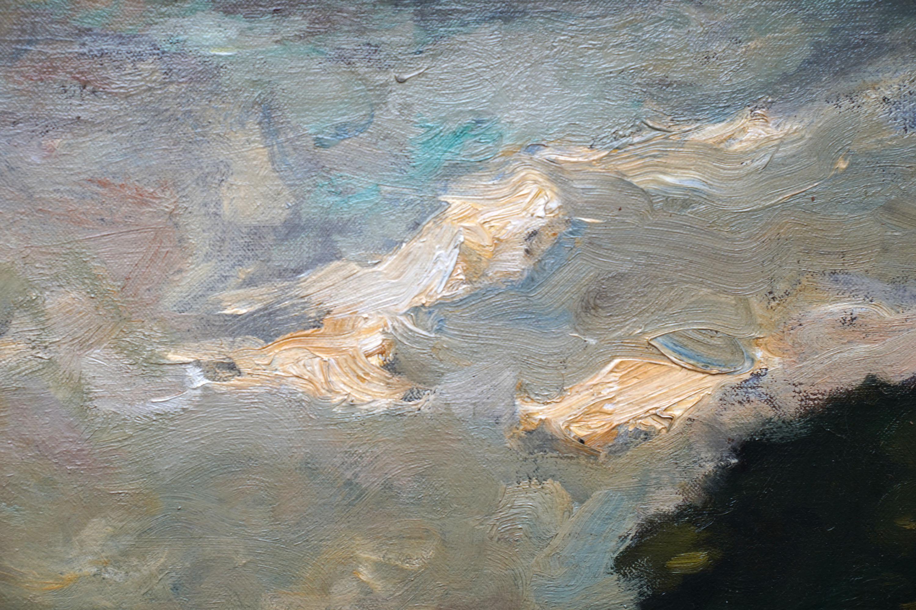 Mucche paesaggio fiume Wharfe Yorkshire - pittura ad olio impressionista britannica del 1901 in vendita 2