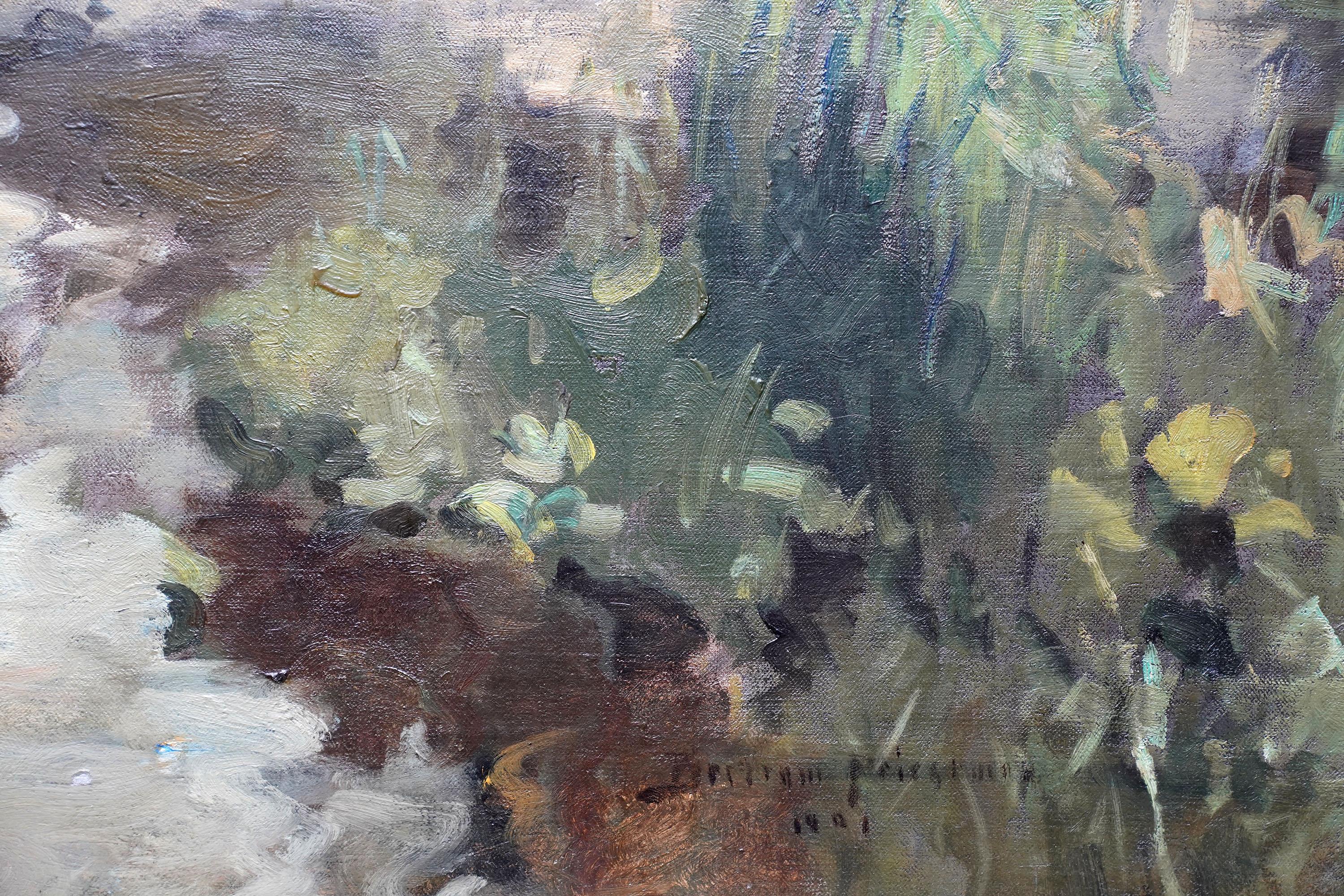 Mucche paesaggio fiume Wharfe Yorkshire - pittura ad olio impressionista britannica del 1901 in vendita 3