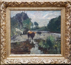 Cows Landscape River Wharfe Yorkshire - British 1901 Impressionist oil painting