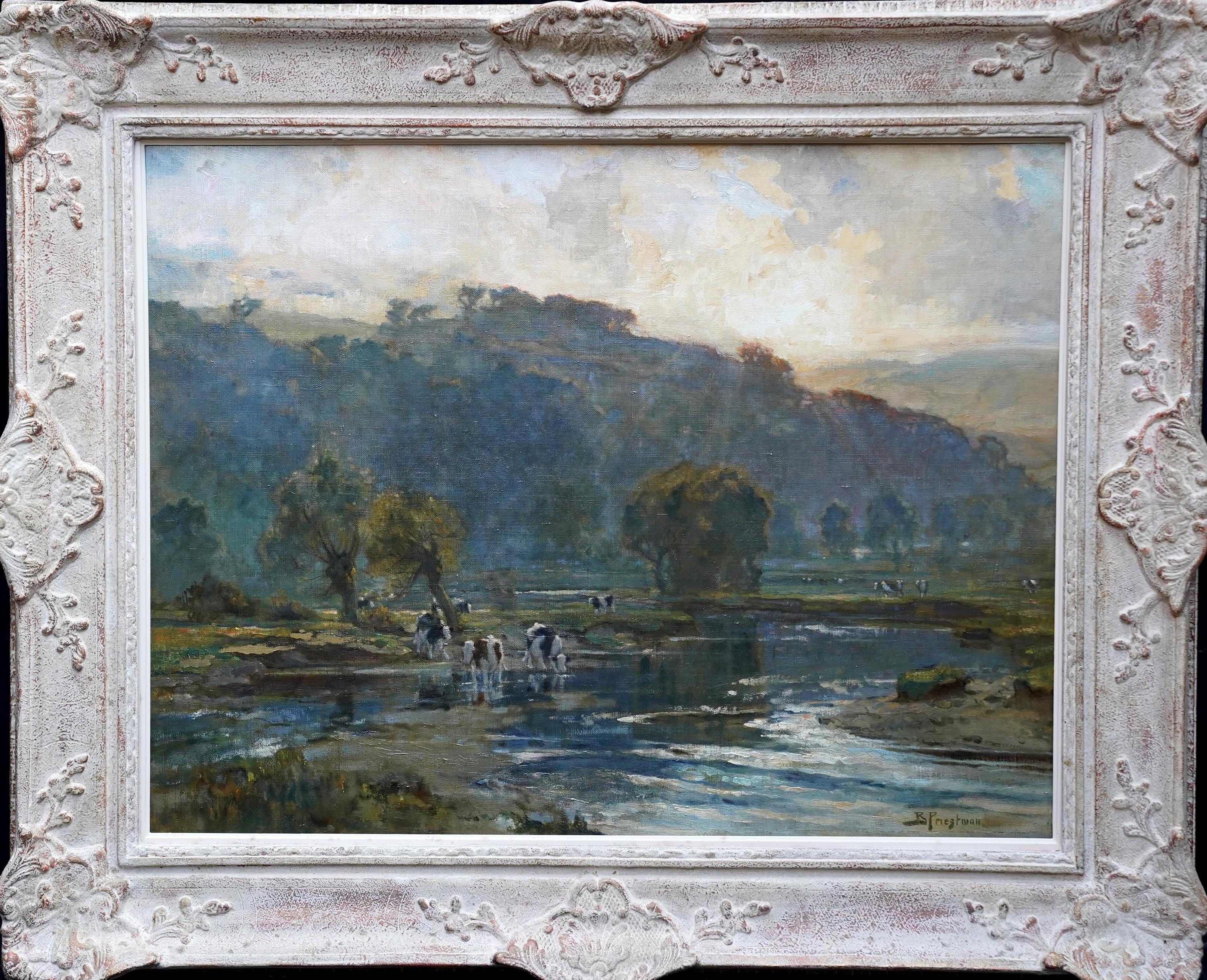 Evening in Wharfedale 1917 - British Impressionist landscape oil painting cattle