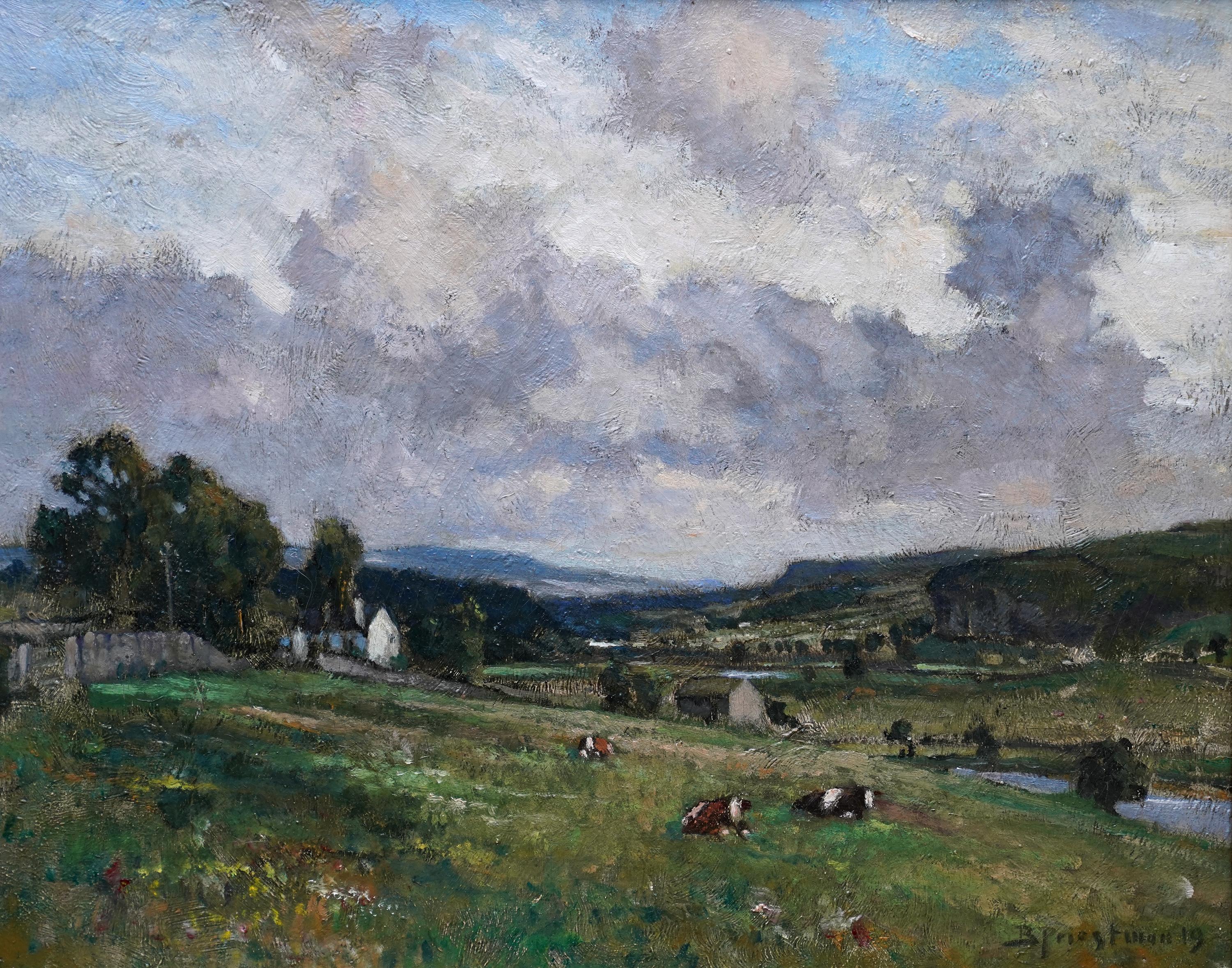 Paysage de Wharfedale avec Kilnsey Crag Yorkshire - Peinture à l'huile britannique de 1919 - Painting de Bertram Priestman