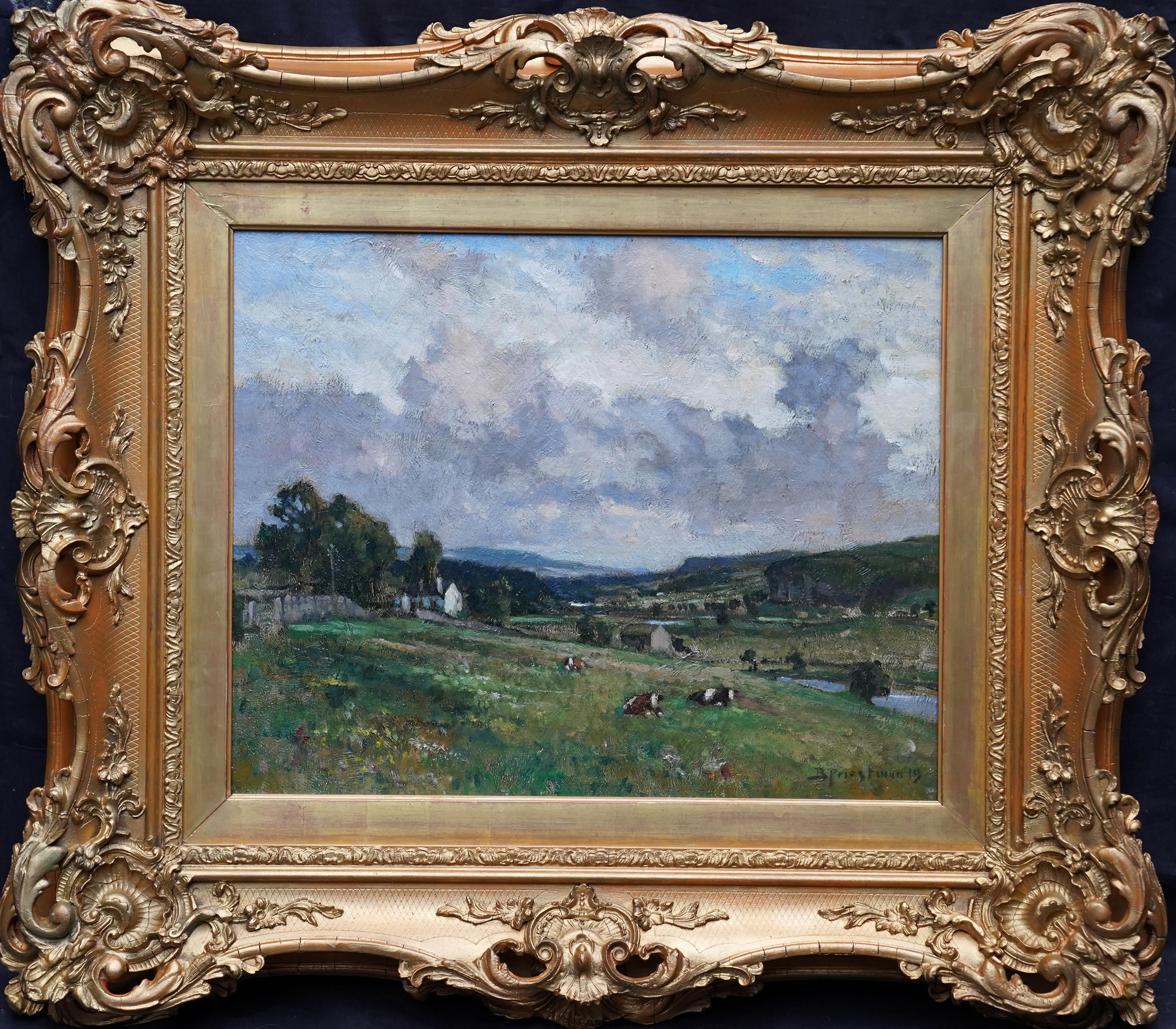 Bertram Priestman Landscape Painting - Wharfedale Landscape with Kilnsey Crag Yorkshire - British 1919 art oil painting