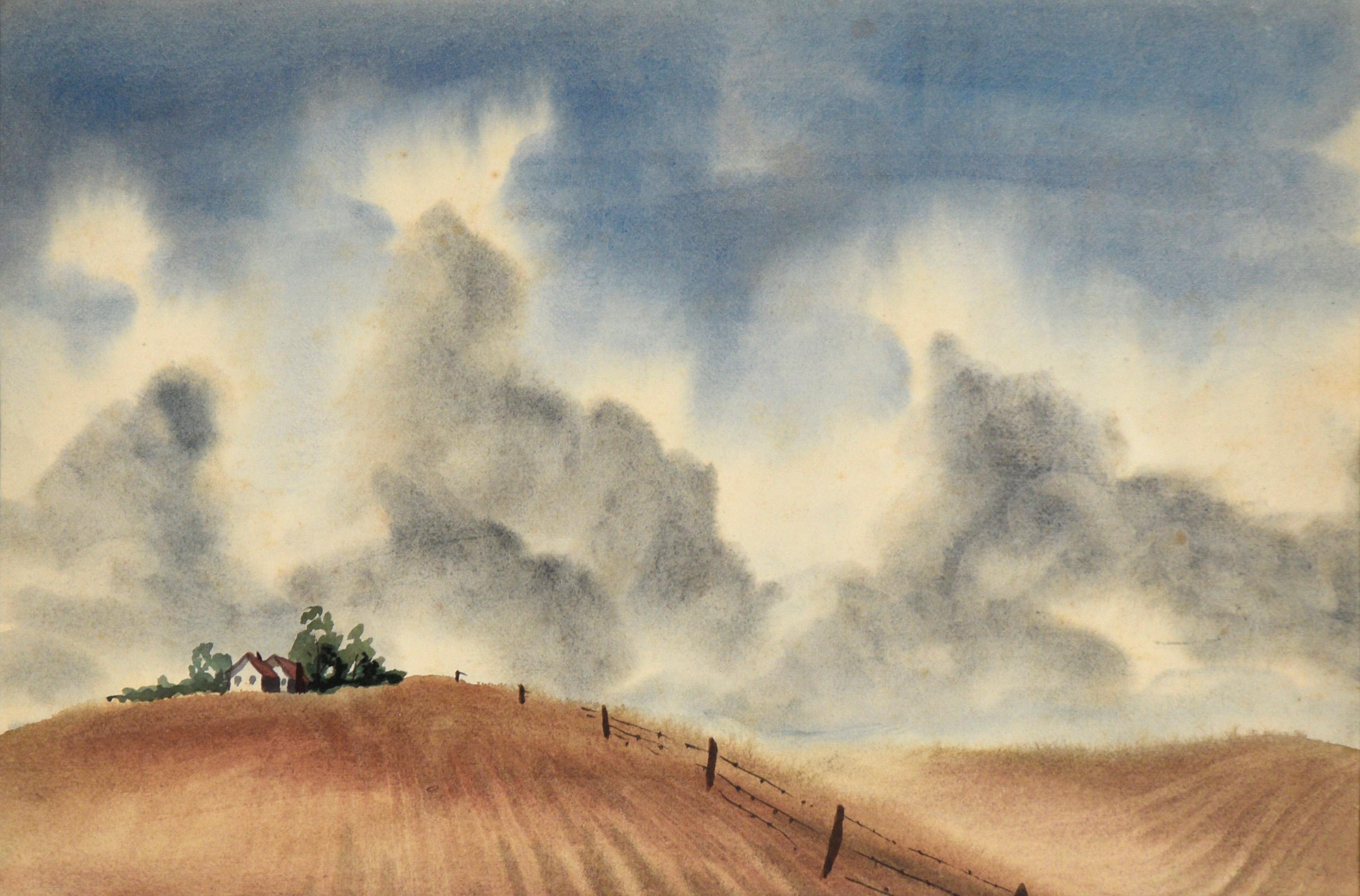 California Farmhouse Landscape in Watercolor on Paper (Two Sided) - Painting by Bertram Spencer