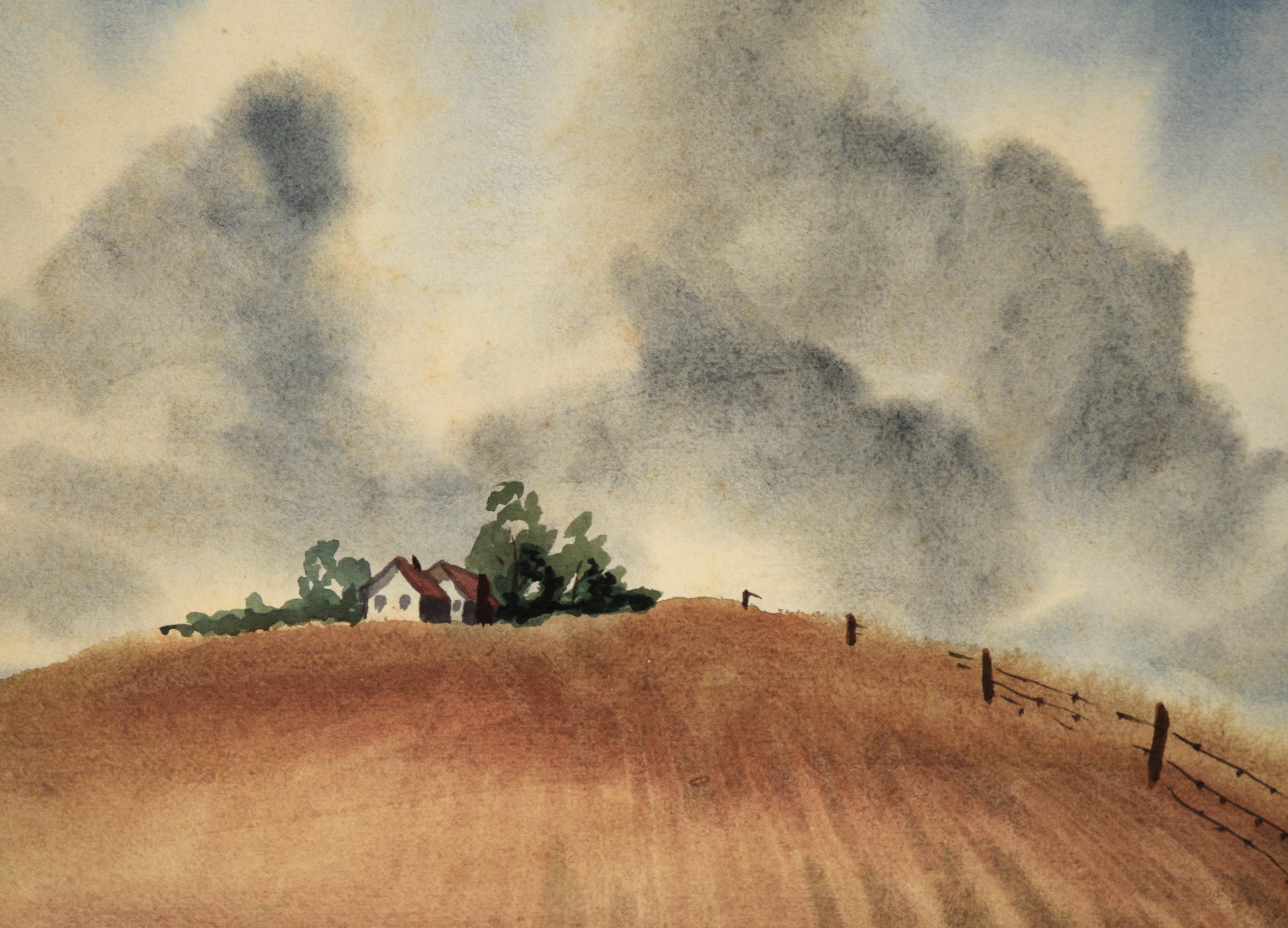 California Farmhouse Landscape in Watercolor on Paper

Original watercolor painting of a farmhouse at the top of a hill by Bertram Spencer (American, 1918-1992). A small farmhouse sits at the crest of a hill, surrounded by lush green trees and