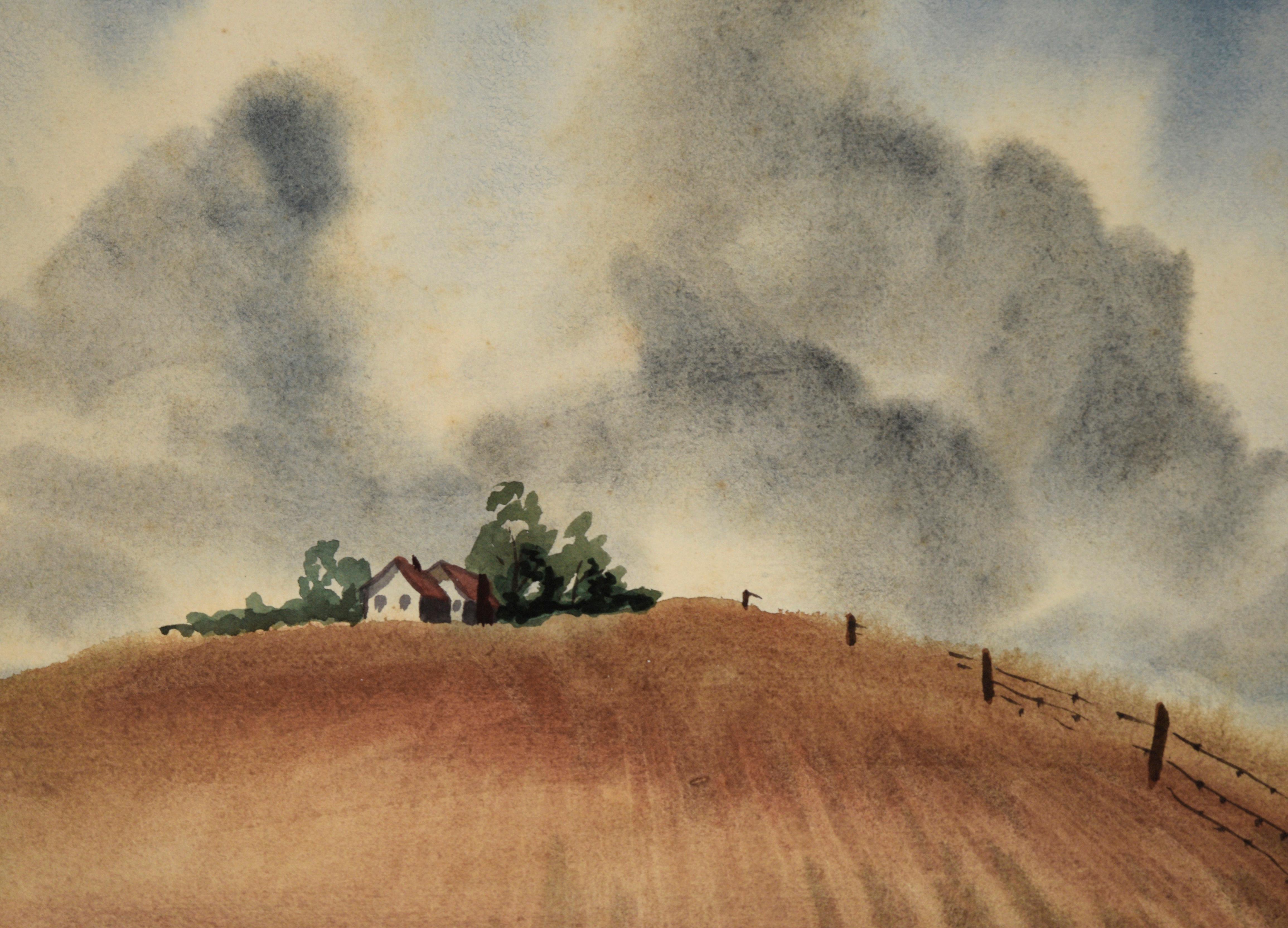 California Farmhouse Landscape in Watercolor on Paper (Two Sided) For Sale 1