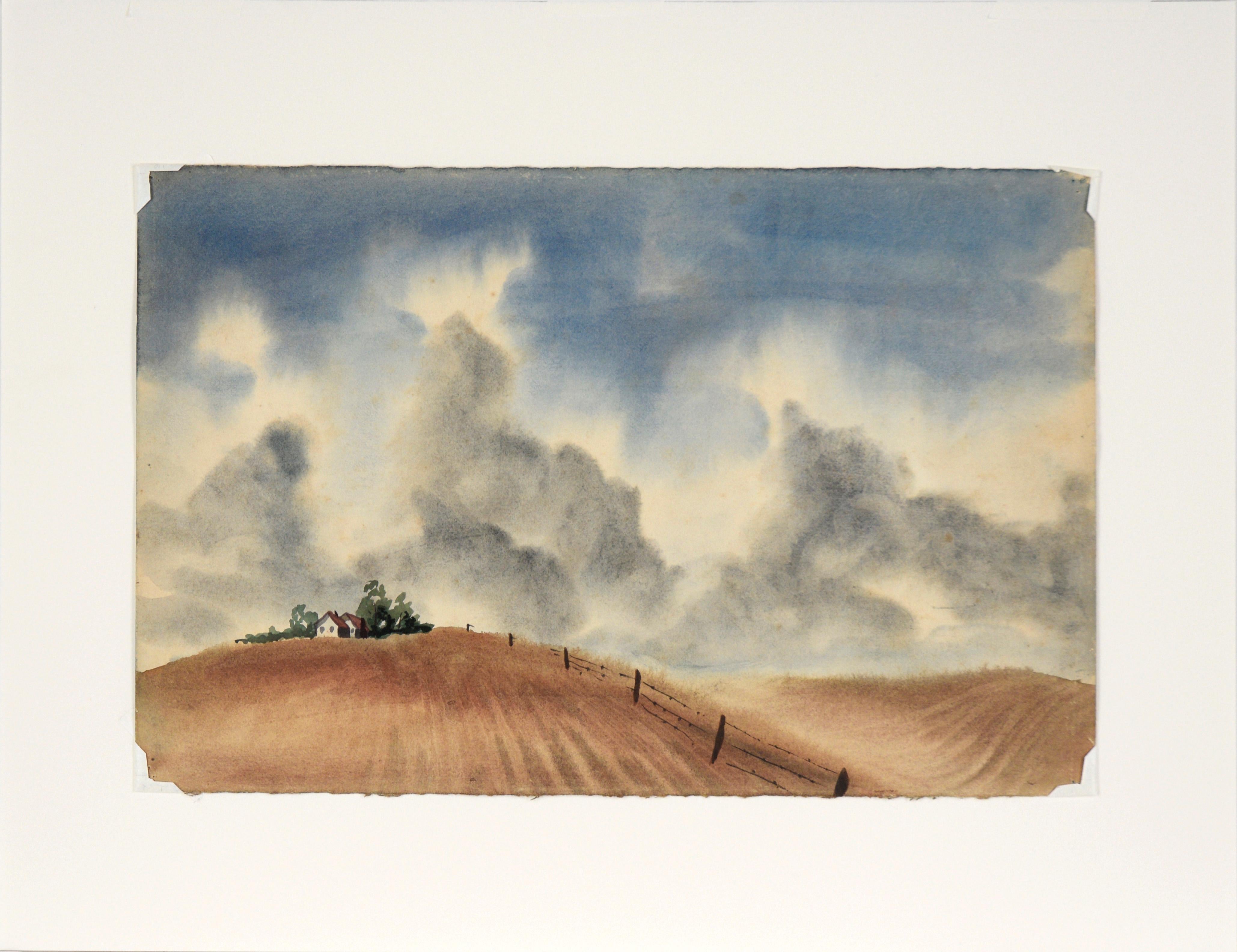 California Farmhouse Landscape in Watercolor on Paper (Two Sided) For Sale 4