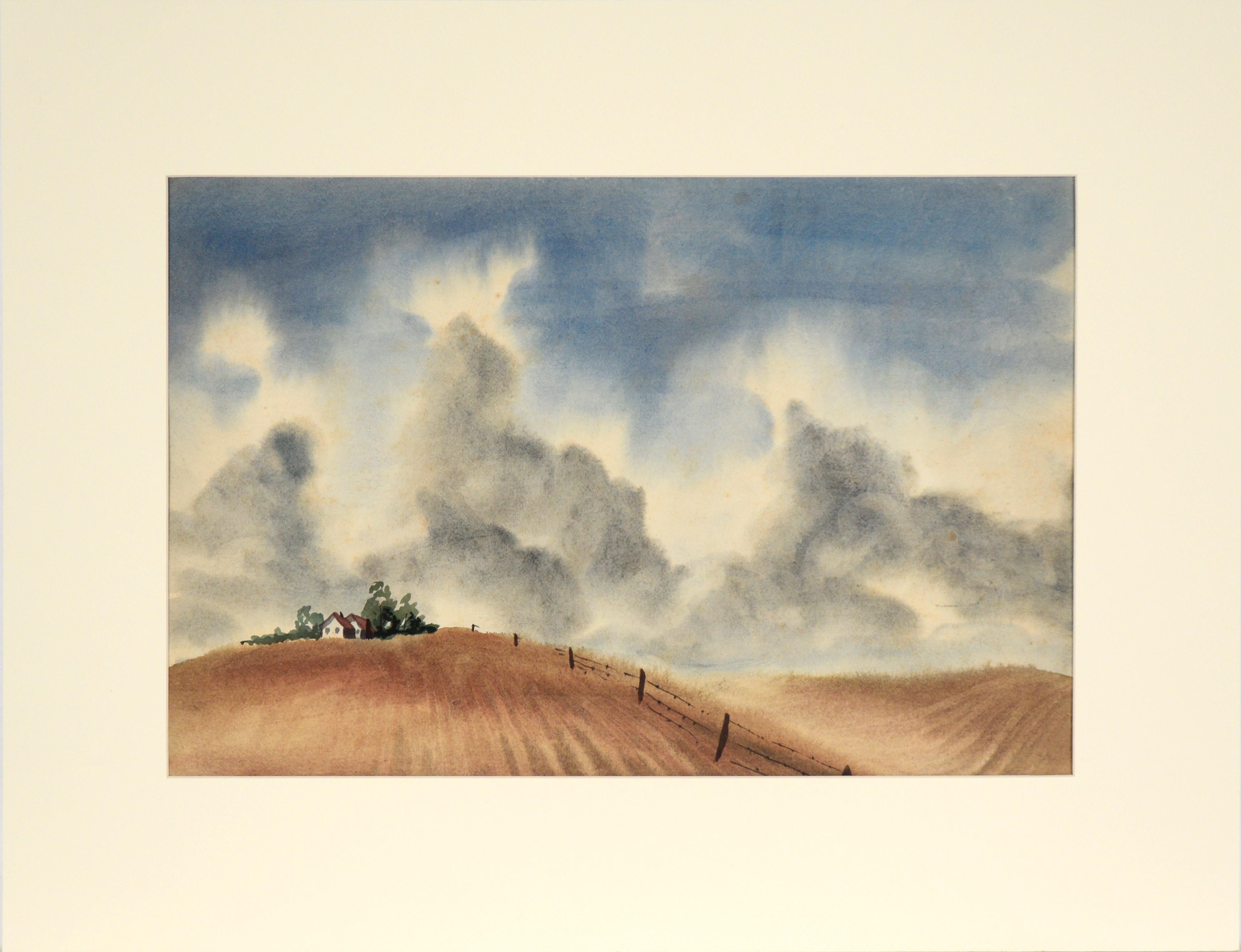 Bertram Spencer Landscape Painting - California Farmhouse Landscape in Watercolor on Paper (Two Sided)