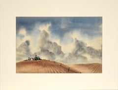 Kalifornische Bauernhaus-Landschaft in Aquarell auf Papier (Zwei Seiten)