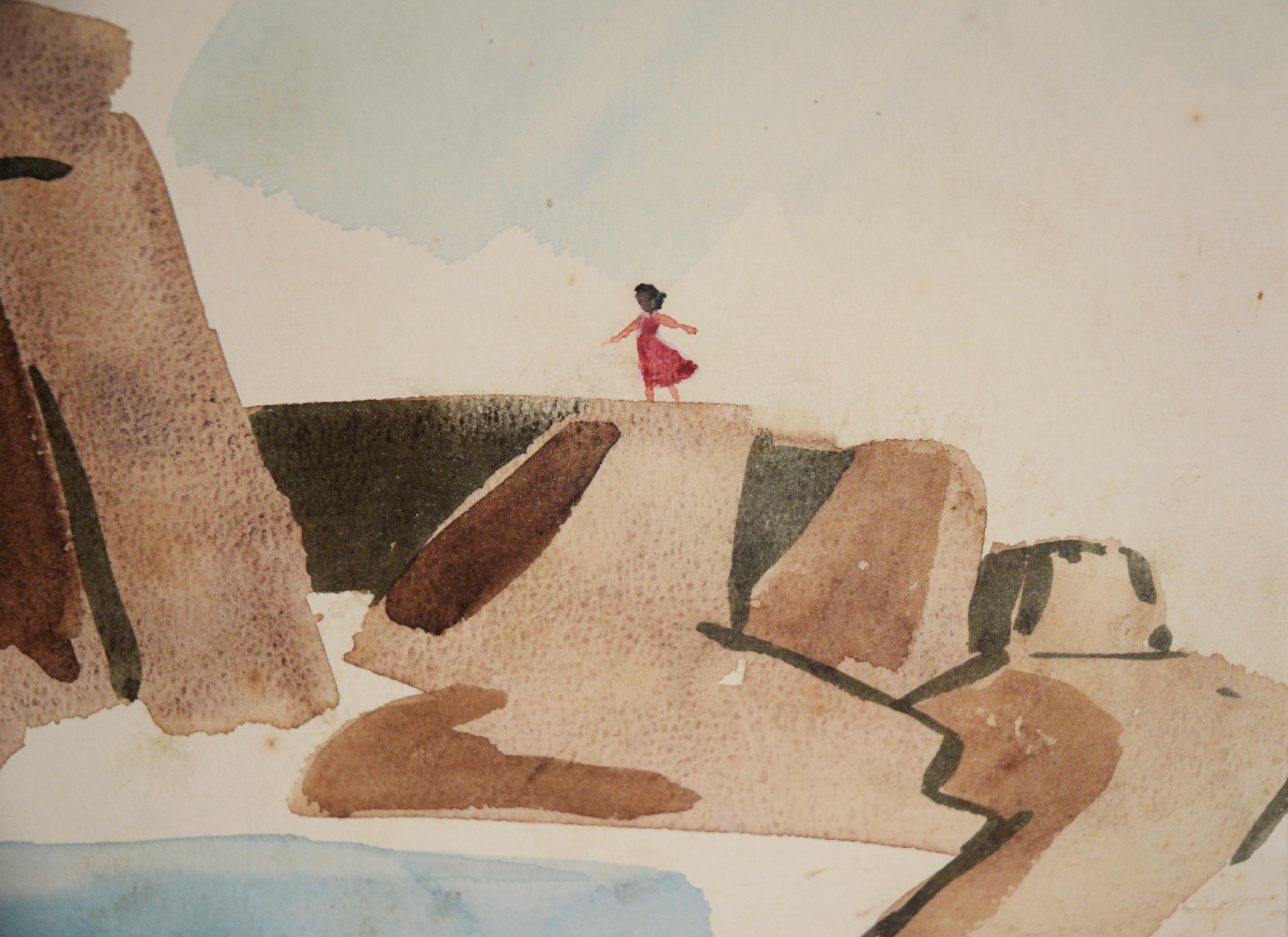 „Lonely Rocks“ – Original Aquarell auf Papier, 1958 (Beige), Landscape Painting, von Bertram Spencer