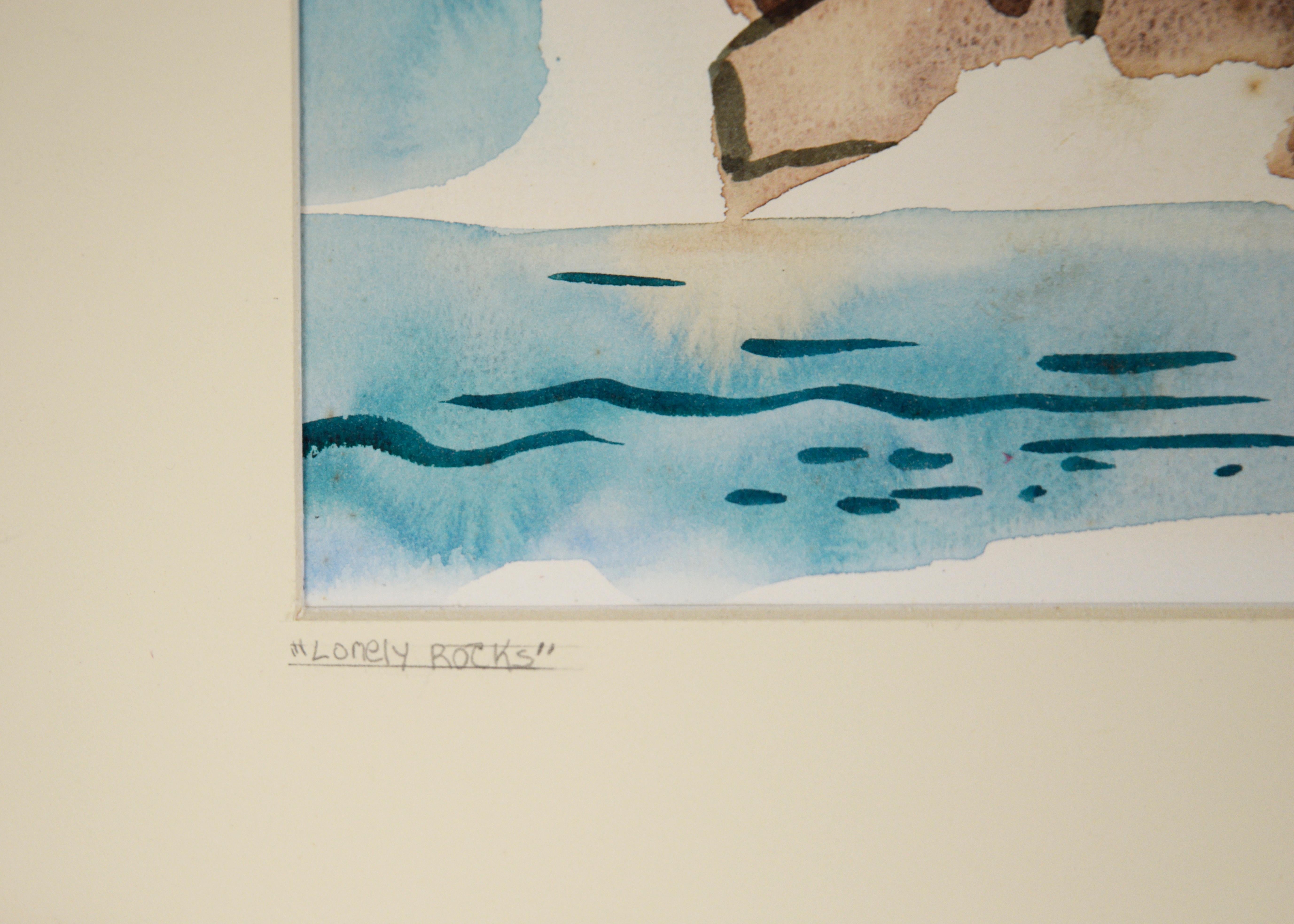 „Lonely Rocks“ – Original Aquarell auf Papier, 1958

Original-Aquarell einer Frau in einem roten Kleid, die auf einem Felsen am Meeresufer steht, von Bertram Spencer (Amerikaner, 1918-1992). Die Frau steht mit ausgebreiteten Armen auf den braunen