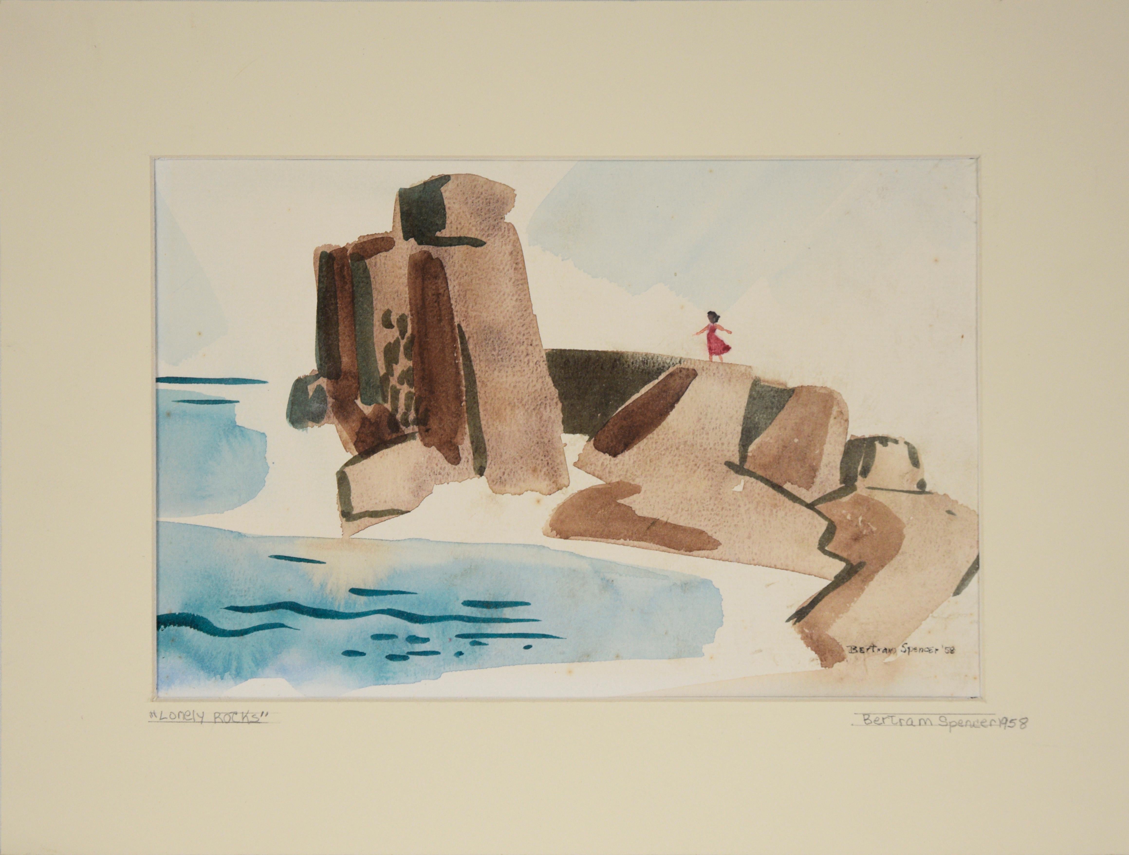 Bertram Spencer Landscape Painting - "Lonely Rocks" - Original 1958 Watercolor on Paper