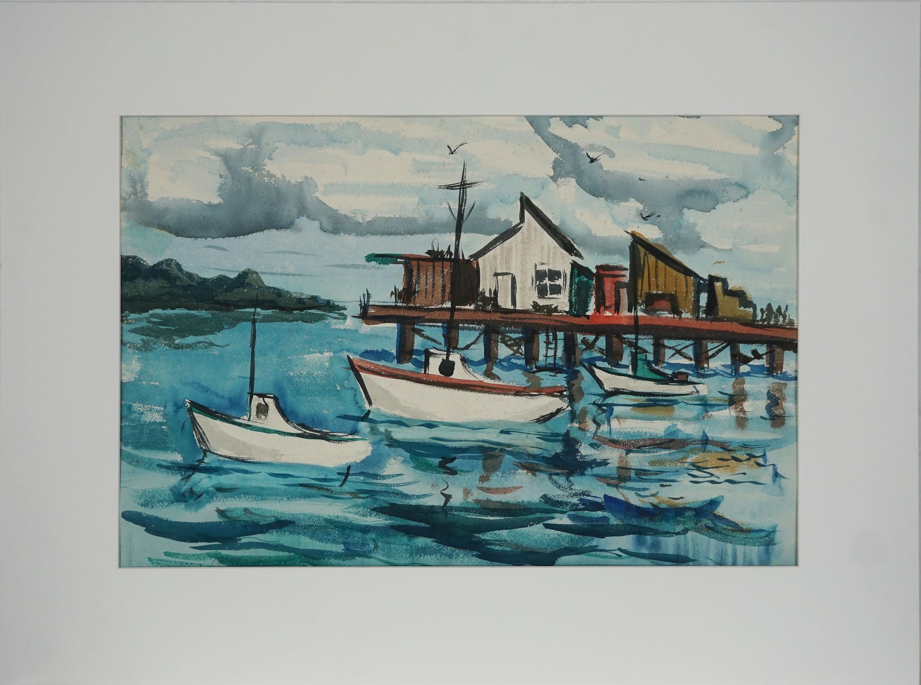 Mid Century Modern Nautical Landscape - Sailboats by the Wharf - Painting by Bertram Spencer