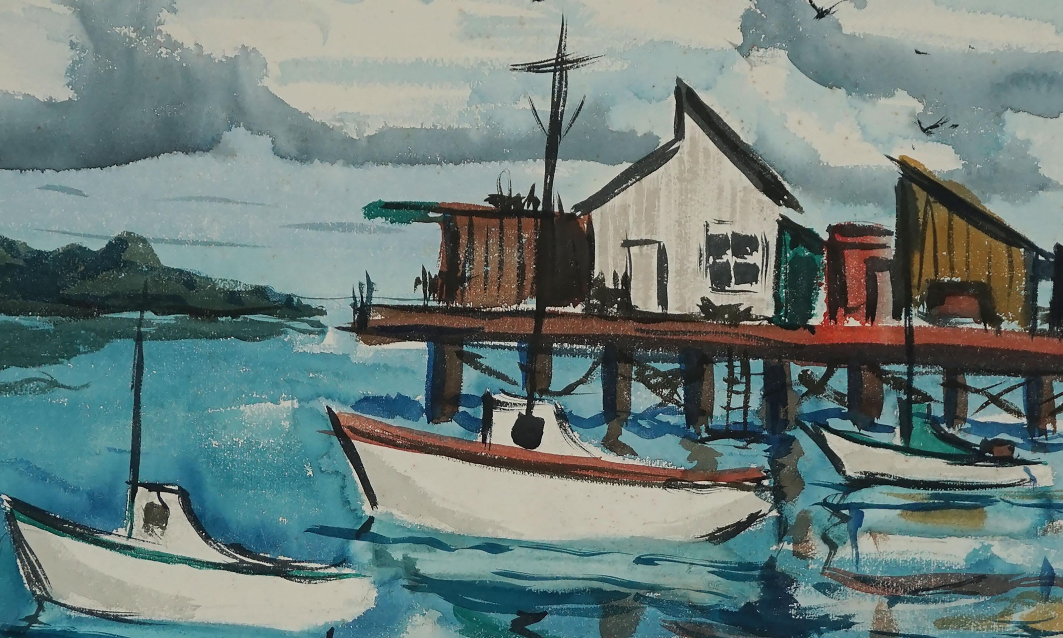 Paysage nautique moderne du milieu du siècle - Voiliers au port - Contemporain Painting par Bertram Spencer